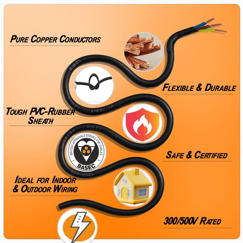 3183P 3-Core Round Flexible Pond Cable - Black 0.75mm BASEC Approved Weather Resistant Electrical Wire for Outdoor Garden Lighting and Pumps - 300/500V - 6 Amp - 5 Metres - Image 3