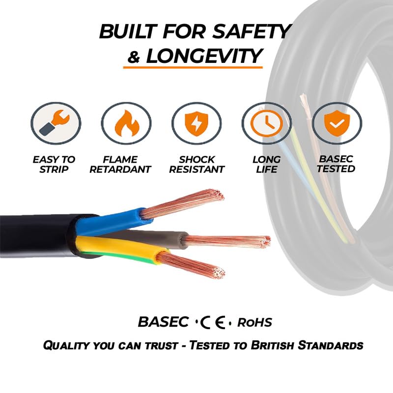 3183P 3-Core Round Flexible Pond Cable - Black 0.75mm BASEC Approved Weather Resistant Electrical Wire for Outdoor Garden Lighting and Pumps - 300/500V - 6 Amp - 5 Metres - Image 6