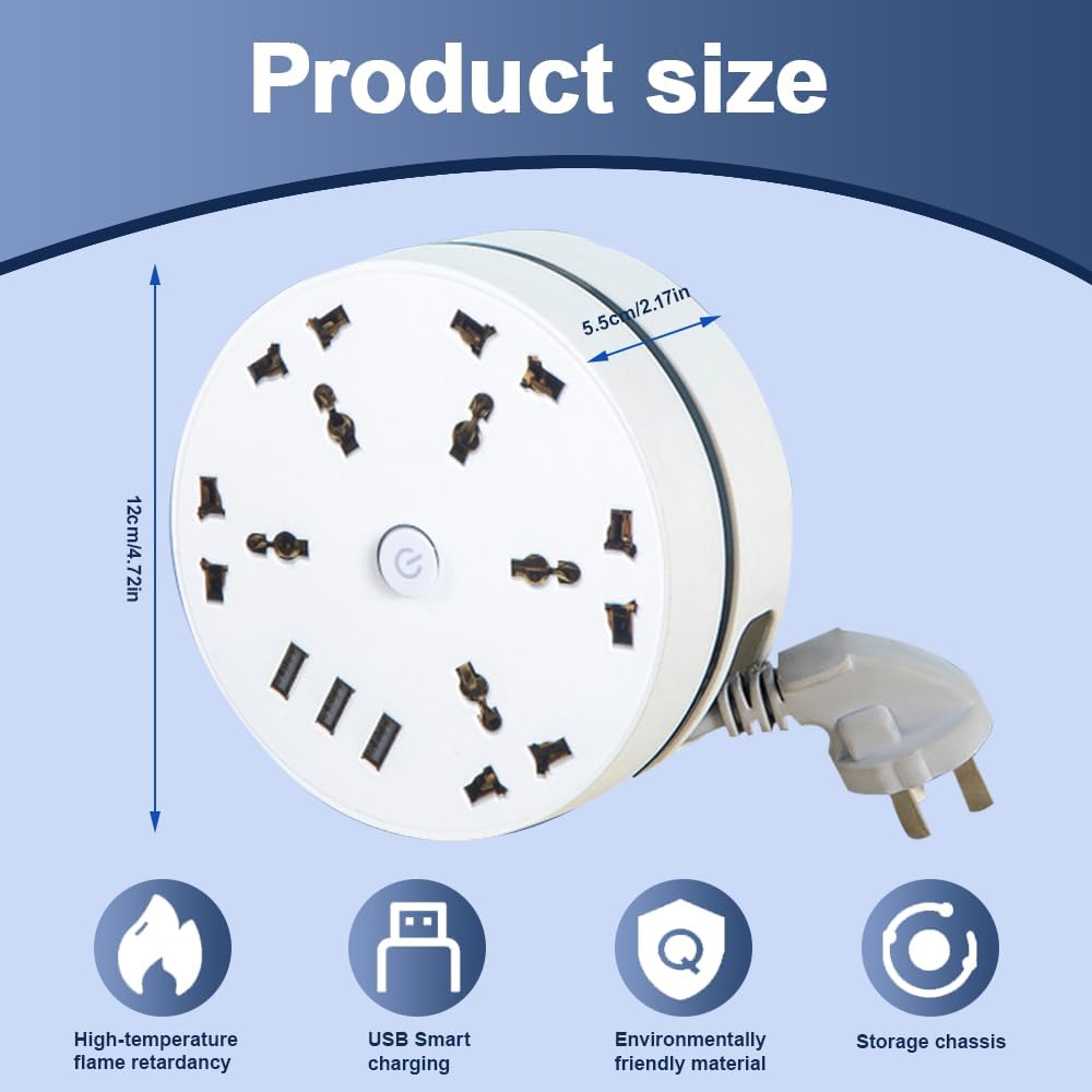 Extension Lead 2.8M, 8-in-1 Universal Power Strip, 5-Outlet Surge Protector Power Strip with 3 USB Ports, Travel Power Extension Lead, Multi Plug Extensions Sockets PowerStrip for Home Office - Image 2
