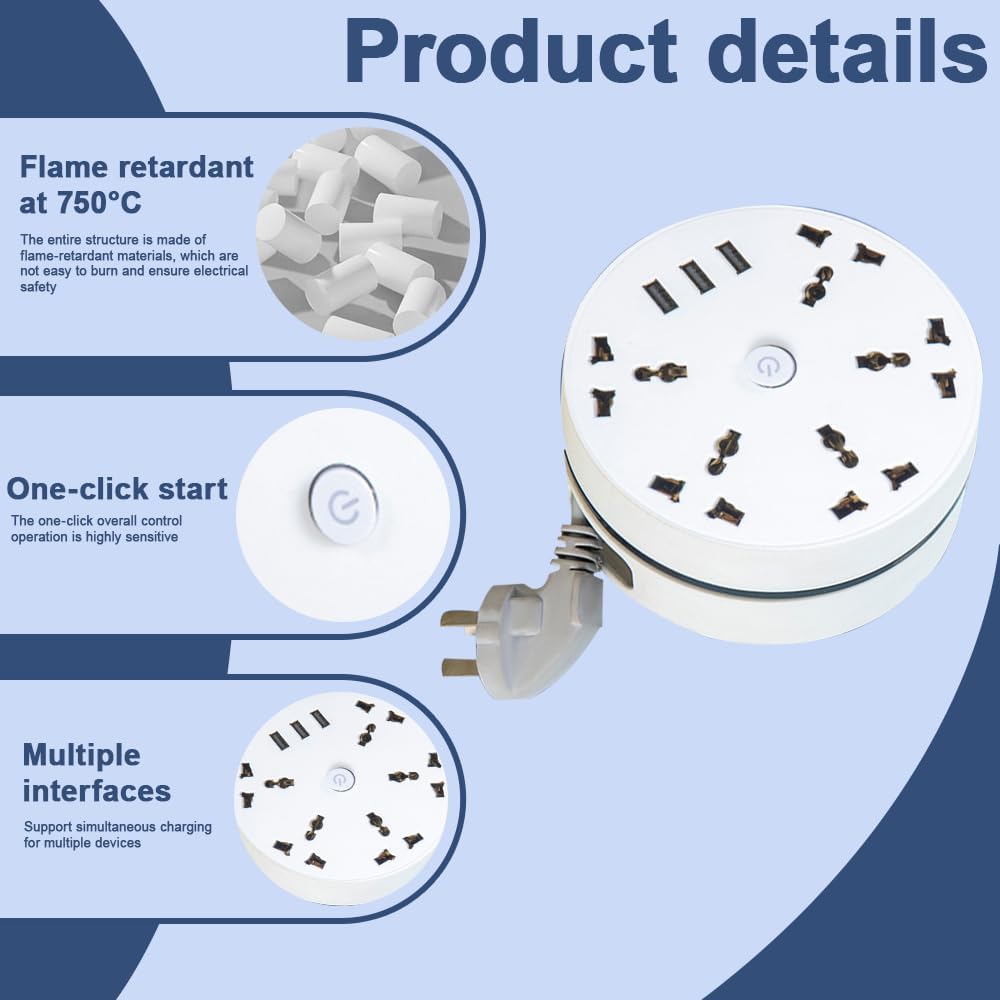 Extension Lead 2.8M, 8-in-1 Universal Power Strip, 5-Outlet Surge Protector Power Strip with 3 USB Ports, Travel Power Extension Lead, Multi Plug Extensions Sockets PowerStrip for Home Office - Image 3