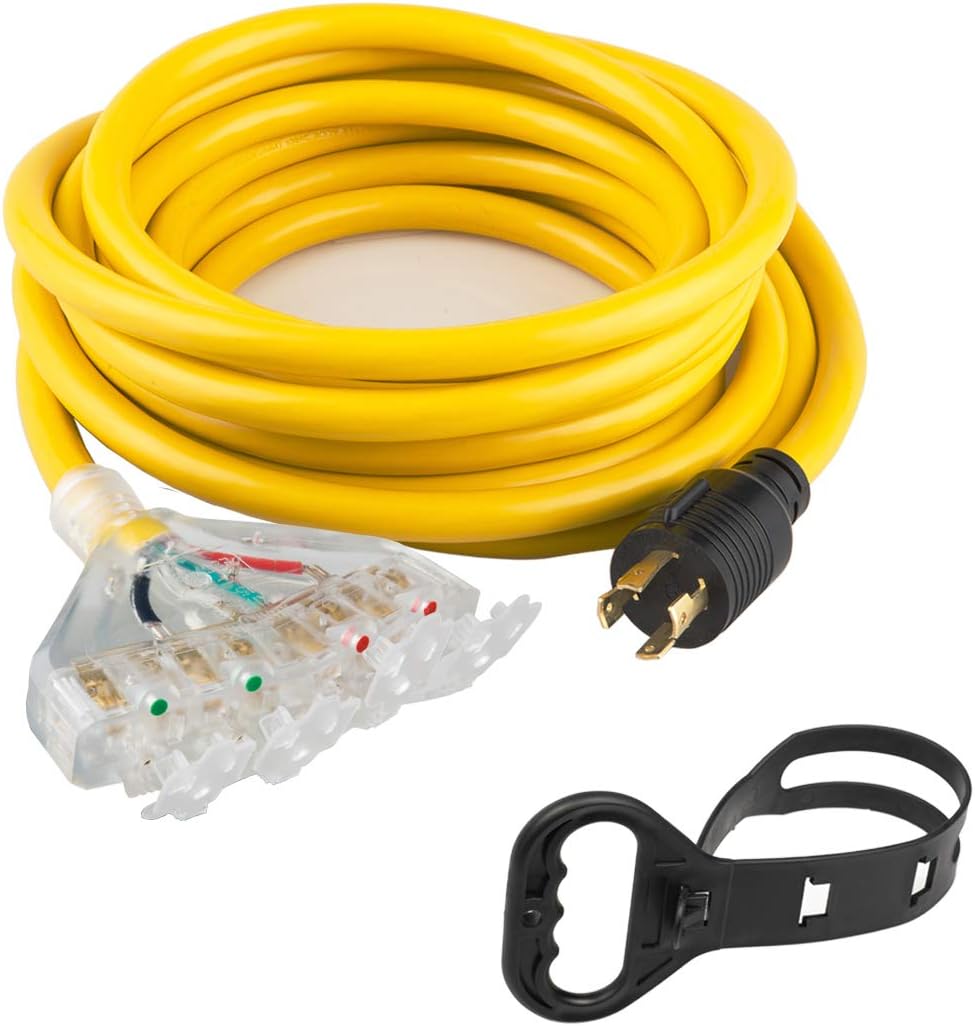 25 Feet Heavy Duty Generator Extension Cord,Generator Locking Cord,NEMA L14-30P/Four 5-20R, 4 Prong 10 Gauge Flexible Generator Cable,Generator Power Cord, 125/250V 30Amp 7500 Watts UL Listed