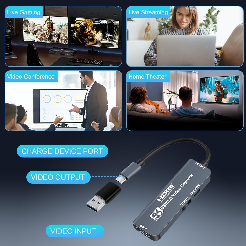 Flintronic USB 3.0 Video Capture Card with 100W PD, HDMI to USB-C 4K 1080P 60FPS, for Live Broadcast Gaming Streaming - Image 7
