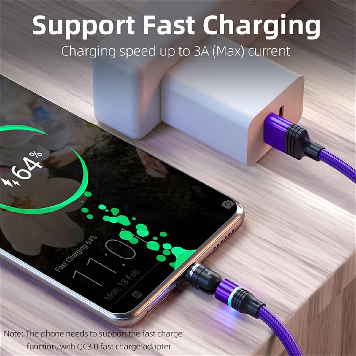 Magnetic Charging Cable 3A Fast Charging & Data Synchronization 1M/2M Magnet USB Cable 360°+180° Rotation 3 in 1 Magnetic Phone Charger Cable for Android Micro USB Type C/USB C Smartphones - Image 4