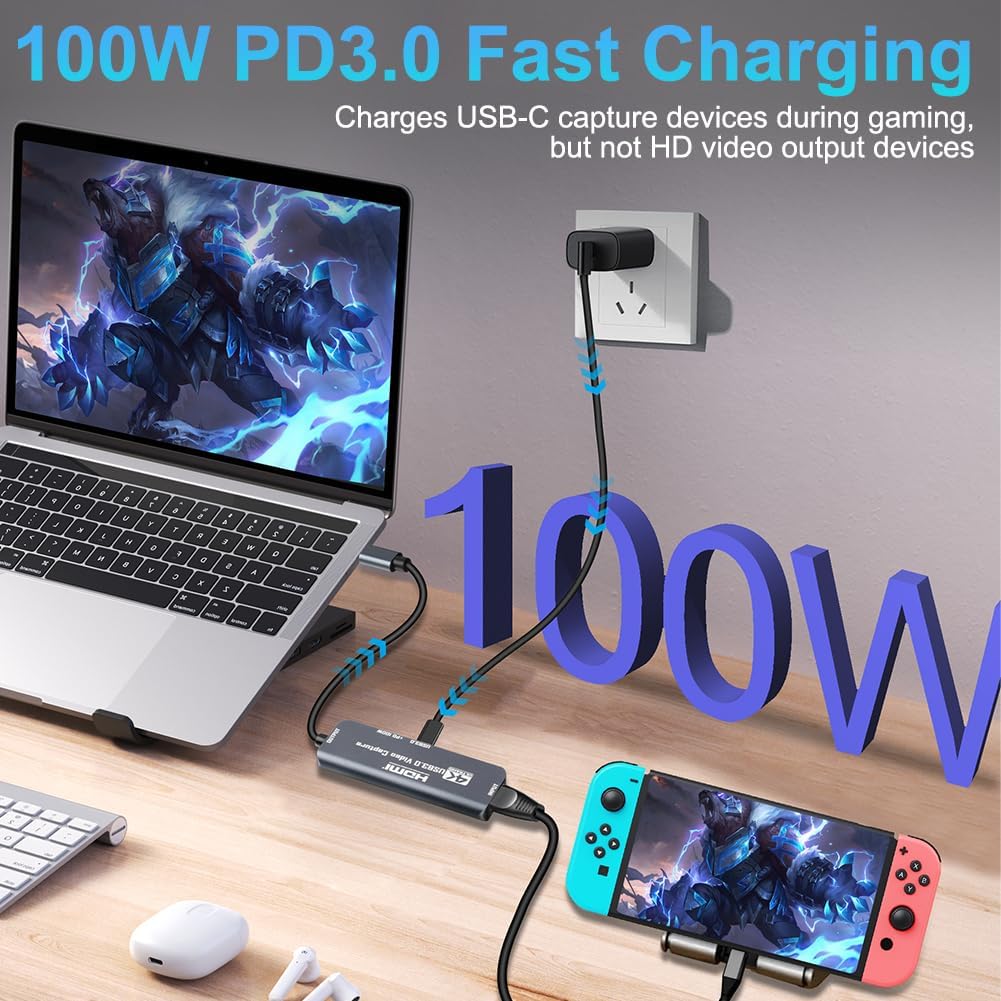 Flintronic USB 3.0 Video Capture Card with 100W PD, HDMI to USB-C 4K 1080P 60FPS, for Live Broadcast Gaming Streaming - Image 4