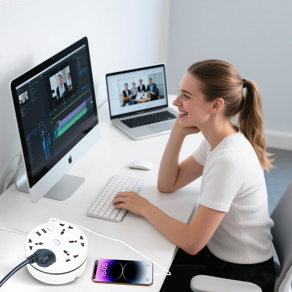 Extension Lead 2.8M, 8-in-1 Universal Power Strip, 5-Outlet Surge Protector Power Strip with 3 USB Ports, Travel Power Extension Lead, Multi Plug Extensions Sockets PowerStrip for Home Office - Image 6