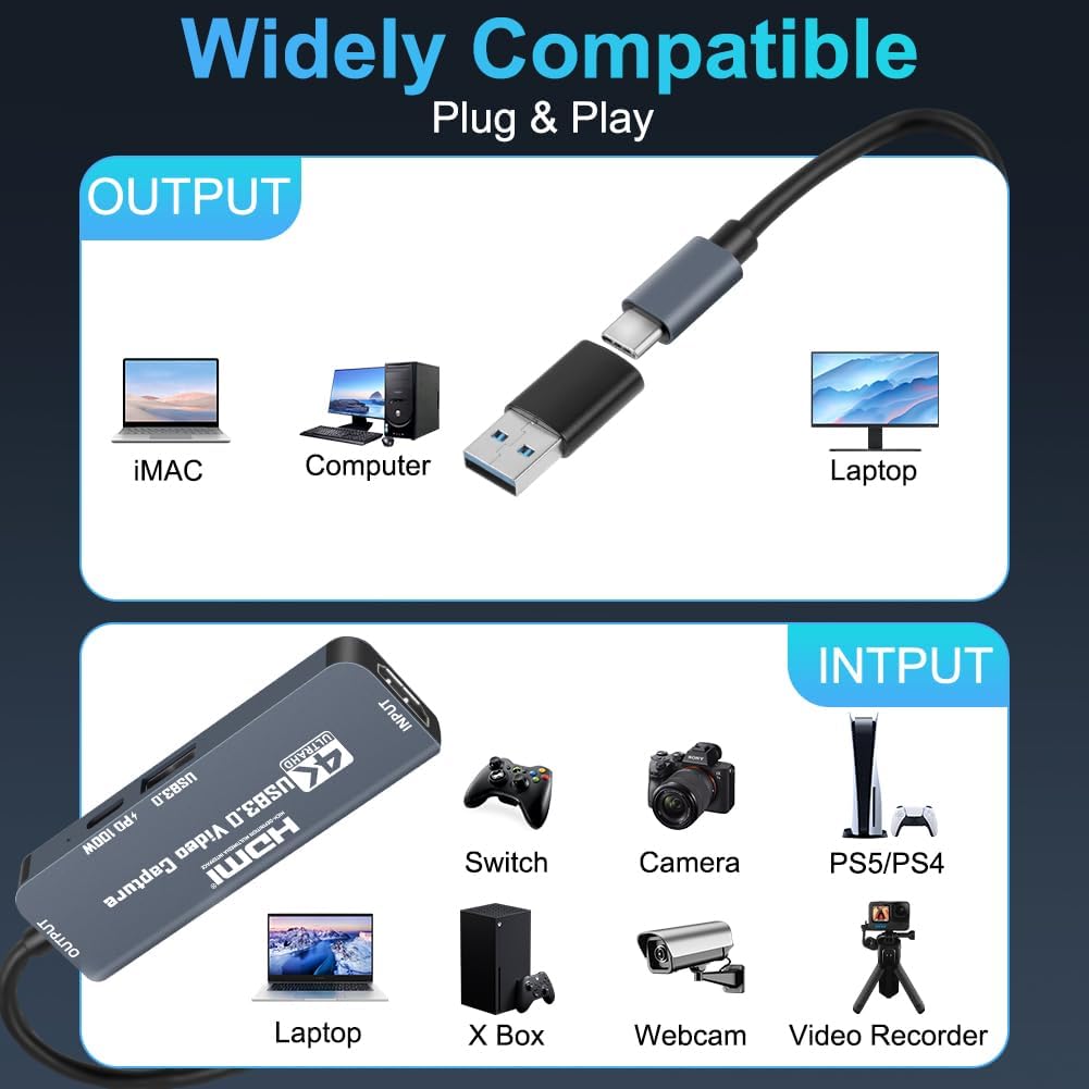 Flintronic USB 3.0 Video Capture Card with 100W PD, HDMI to USB-C 4K 1080P 60FPS, for Live Broadcast Gaming Streaming - Image 5