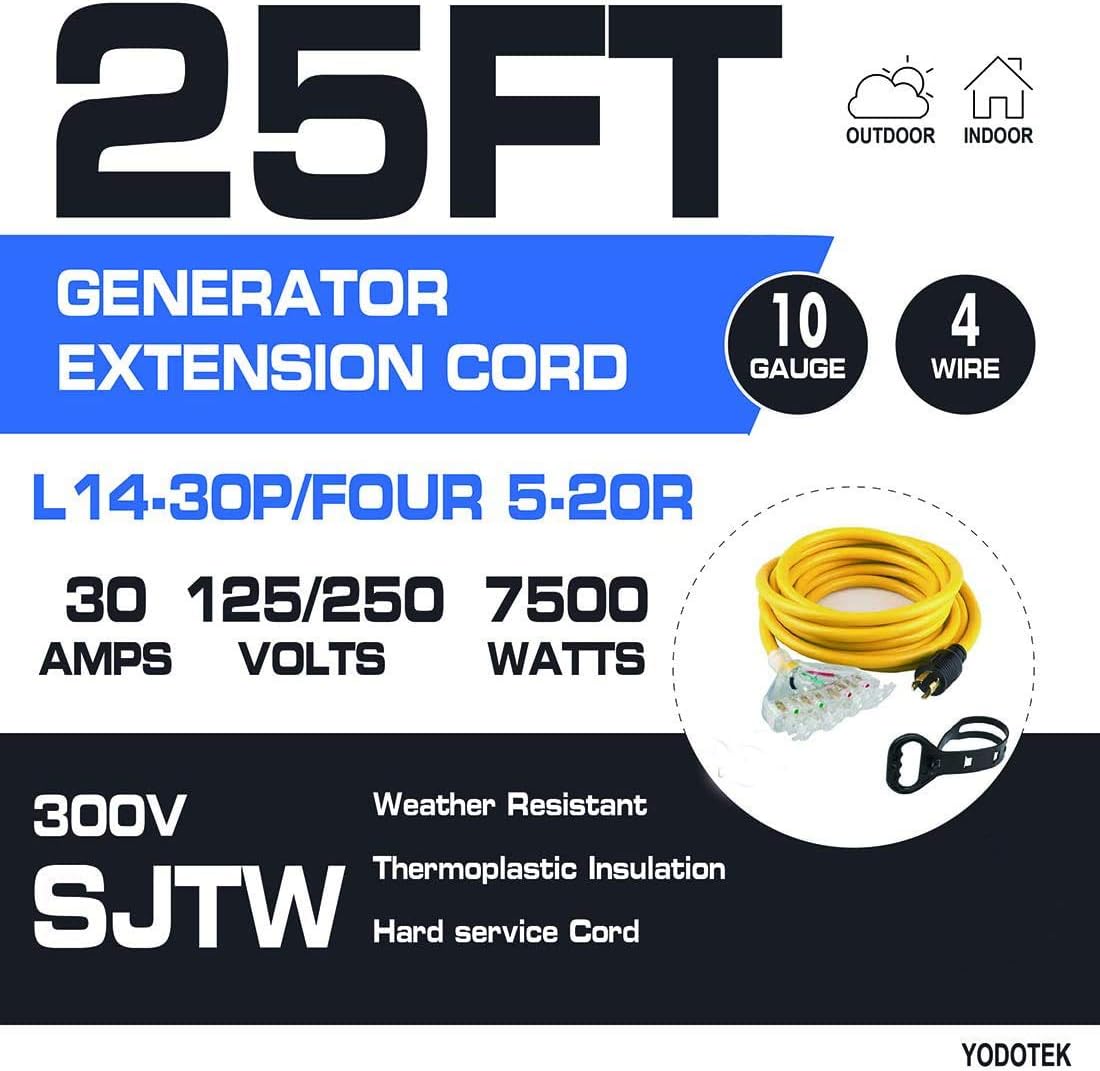25 Feet Heavy Duty Generator Extension Cord,Generator Locking Cord,NEMA L14-30P/Four 5-20R, 4 Prong 10 Gauge Flexible Generator Cable,Generator Power Cord, 125/250V 30Amp 7500 Watts UL Listed - Image 2