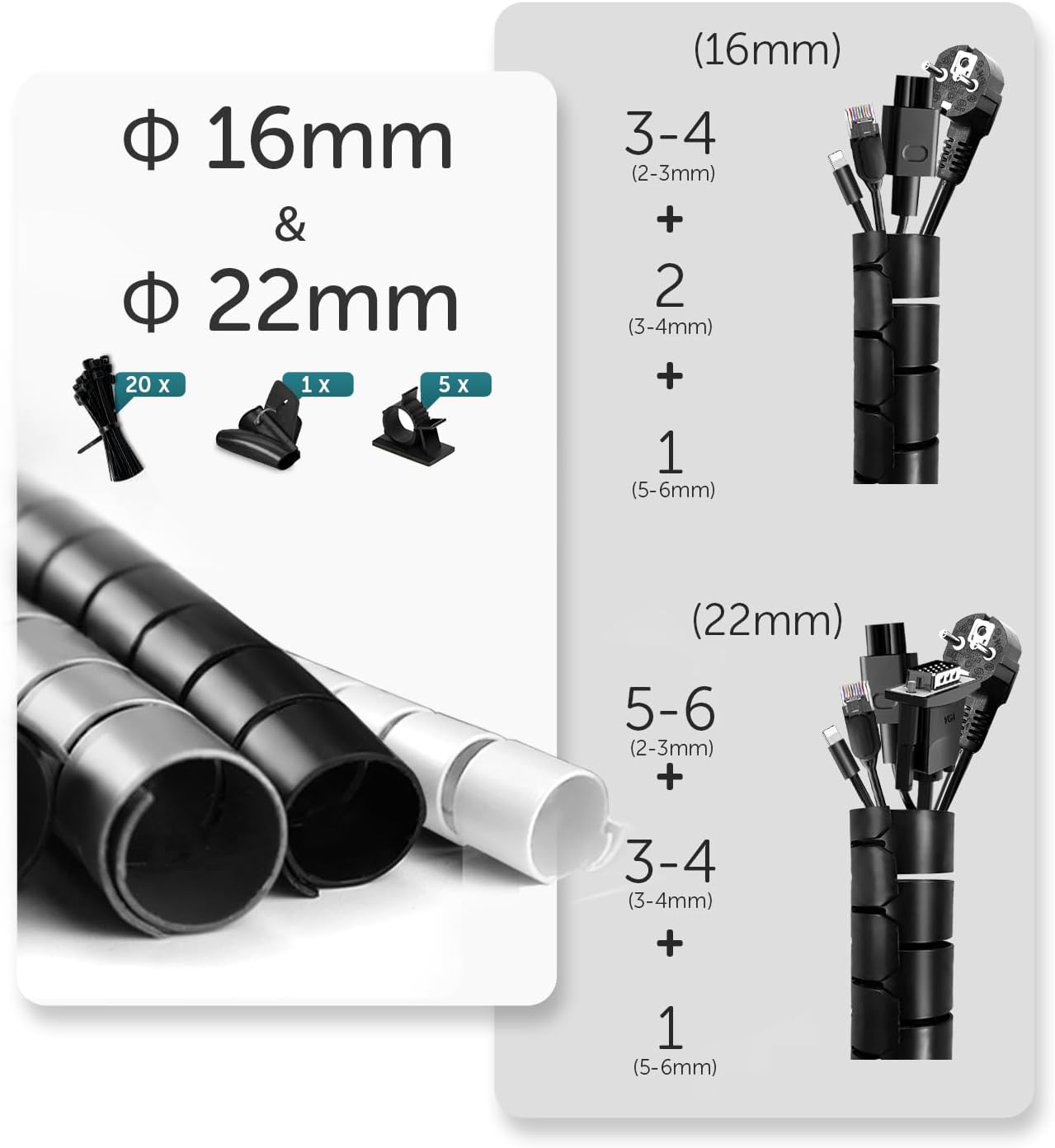 Cable Management Sleeve, 3m/9.8ft Wire Sleeve with 20pcs Zip Ties, 5 Adhesive Cable Clips, 1 Wire Guide Clip, ∅0.63"/16mm+∅0.87"/22mm Cable Tidy Tube Wire Organizer for TV PC Home, Black - Image 2