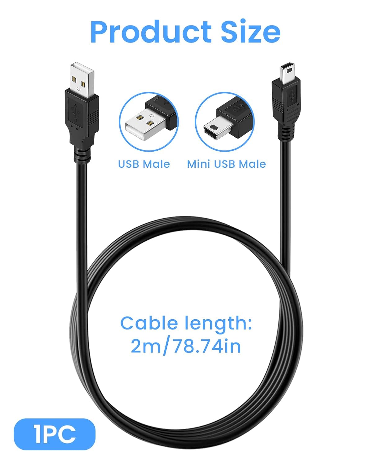 2m Mini USB Cable Type A Male to Mini Male Data Transfer Cable Fast Charging Cables for Blue Yeti Dash Cam PS3 Controller Hero 2/3/4 DAC MP3/4 Player Camera Scanner Sat Nav, Black - Image 2