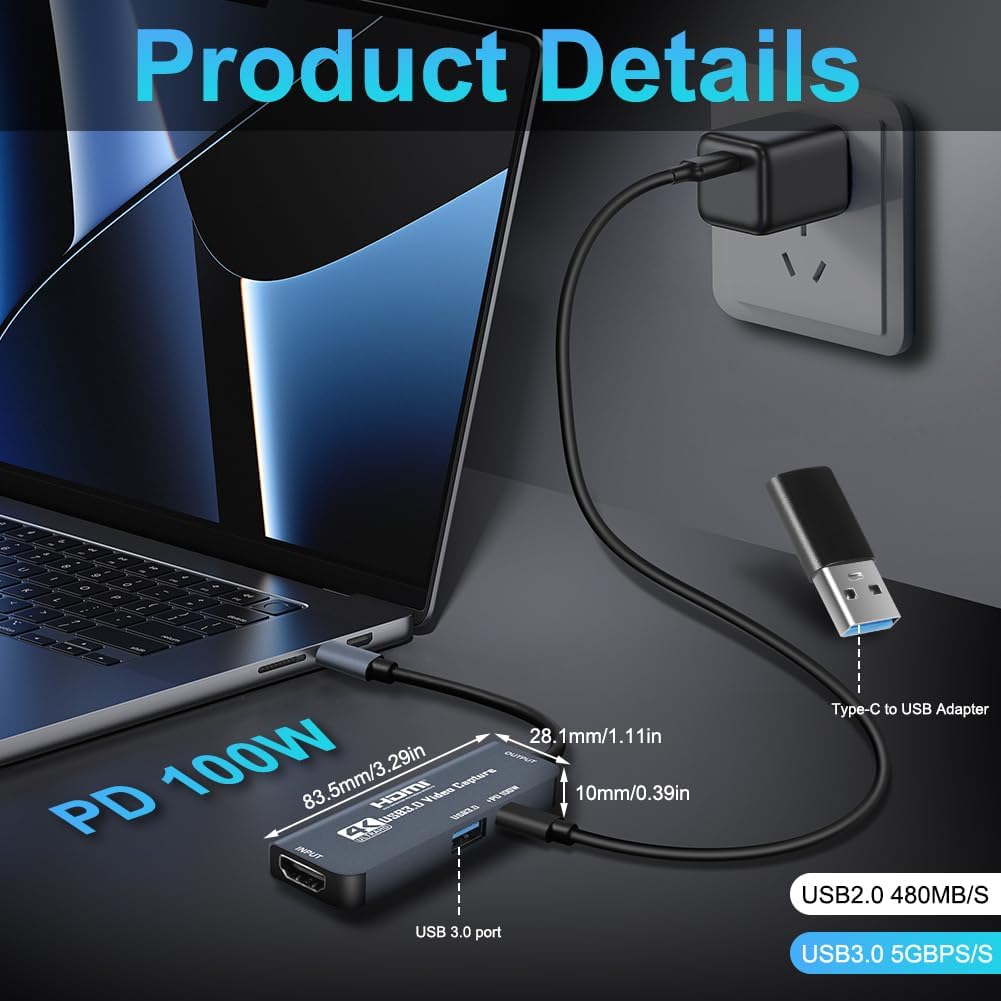 Flintronic USB 3.0 Video Capture Card with 100W PD, HDMI to USB-C 4K 1080P 60FPS, for Live Broadcast Gaming Streaming - Image 2
