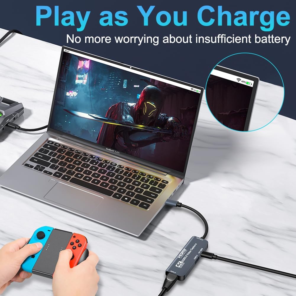 Flintronic USB 3.0 Video Capture Card with 100W PD, HDMI to USB-C 4K 1080P 60FPS, for Live Broadcast Gaming Streaming - Image 3