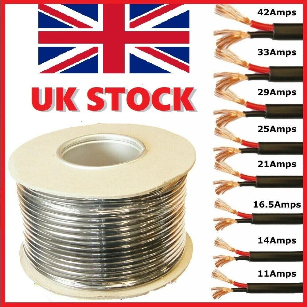 Twin 2 Core Cable for 12V/24V – Thin Wall Wire – 0.5mm² to 3.0mm² – 11A to 33A Rated – Automotive & Marine – Red & Black – 5m to 100m (25 amps 2.0 mm, 10 Meter)