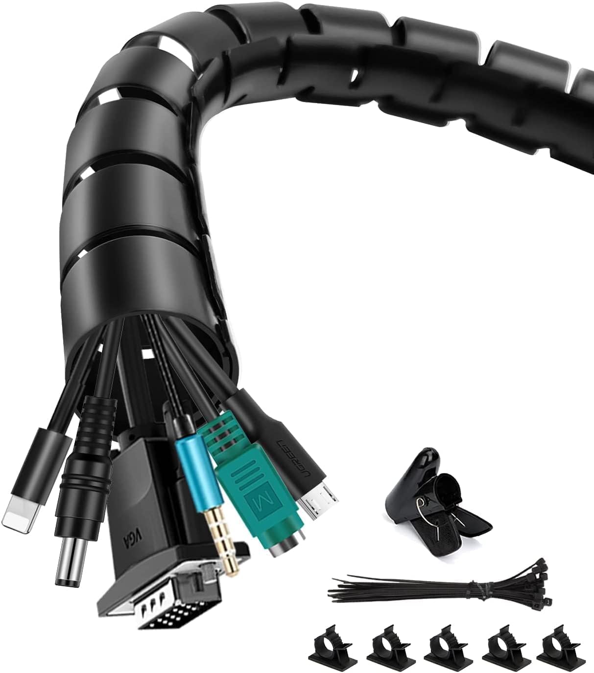Cable Management Sleeve, 3m/9.8ft Wire Sleeve with 20pcs Zip Ties, 5 Adhesive Cable Clips, 1 Wire Guide Clip, ∅0.63"/16mm+∅0.87"/22mm Cable Tidy Tube Wire Organizer for TV PC Home, Black