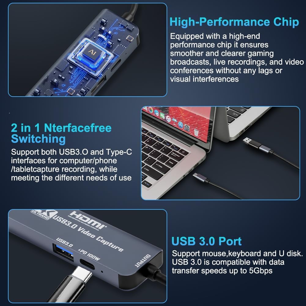 Flintronic USB 3.0 Video Capture Card with 100W PD, HDMI to USB-C 4K 1080P 60FPS, for Live Broadcast Gaming Streaming - Image 6