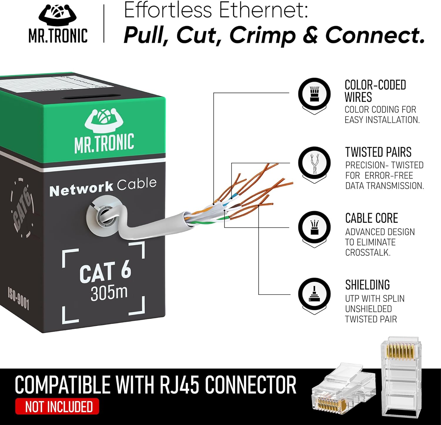 Mr. Tronic Bulk Cat 6 Ethernet Cable 305m, High Speed LAN Ethernet Network Cable, 305m Bulk Cat6 Internet 1 Gbps, 250 MHz, ADSL AWG24, UTP CCA (305 Meters, Grey) - Image 2