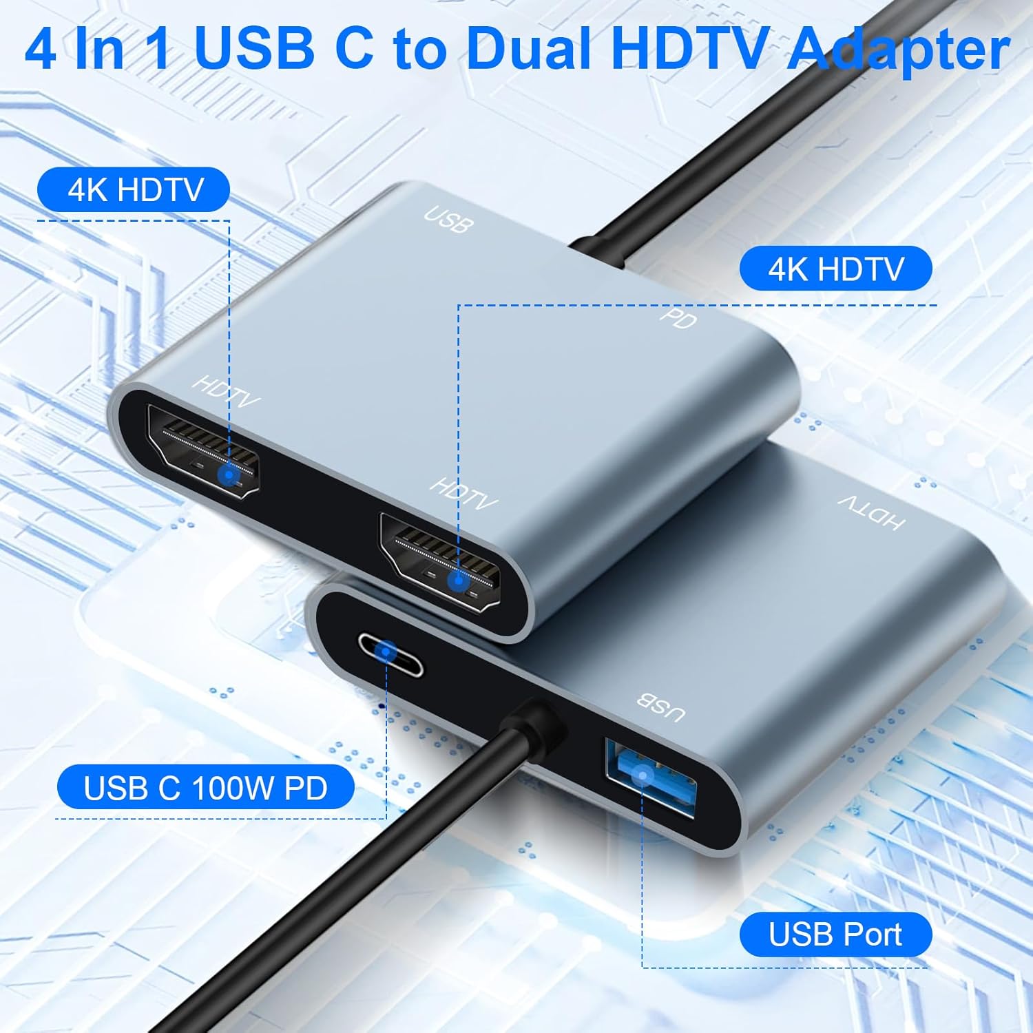 USB C to Dual HDMI Adapter, 4 in 1 HDMI Splitter for Dual Monitors 4K, USB 2.0, PD 100W, Type C to Dual Monitors Adapter Multiport, USB C Hub 4K@60Hz for MacBook Pro/Air/iPad/Surface/Dell - Image 2