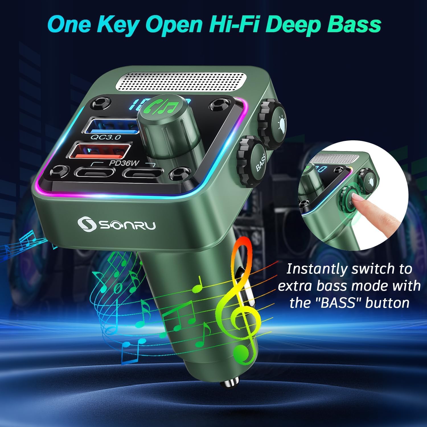 SONRU Bluetooth 5.3 Car FM Transmitter【PD 36W+QC3.0 18W】【Bass Music Player】Wireless Car Radio Adapter Hands-Free Calling Support 64G U Disk Card with 5 Colors LED Backlit Switch - Image 5