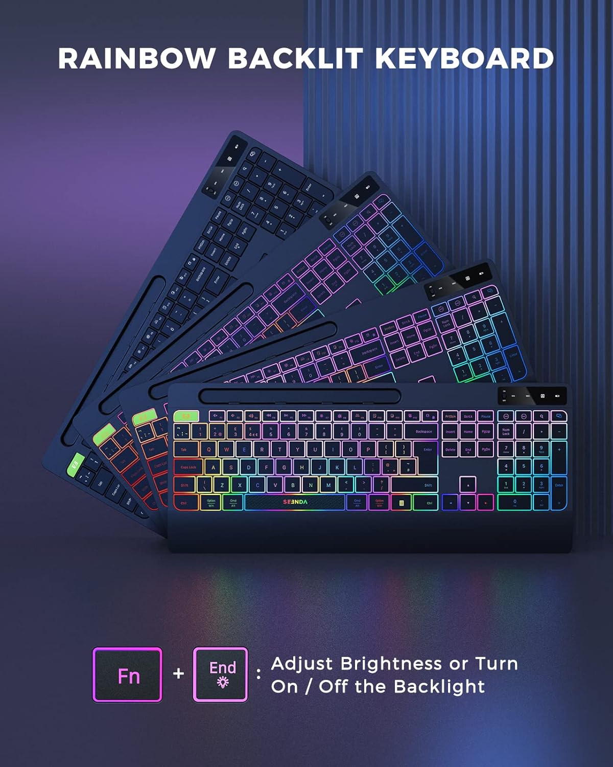 seenda JPX006 Wireless Keyboard and Mouse Combo with Rainbow Backlit, Rechargeable Keyboard and Mice Set UK Layout Full Size with 2 in 1 USB C & USB A Dongle and Wirst Rest, Black - Image 4