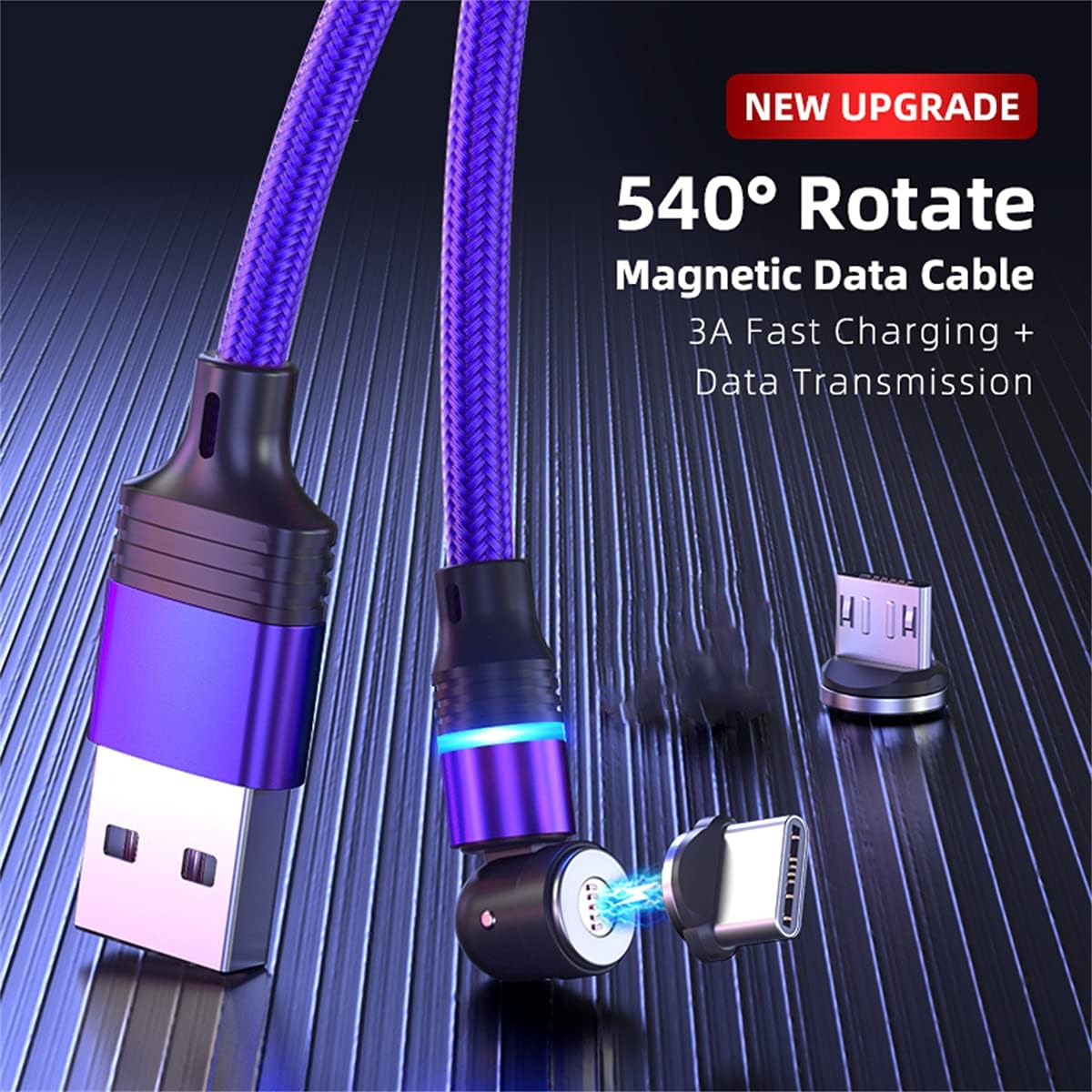 Magnetic Charging Cable 3A Fast Charging & Data Synchronization 1M/2M Magnet USB Cable 360°+180° Rotation 3 in 1 Magnetic Phone Charger Cable for Android Micro USB Type C/USB C Smartphones - Image 2