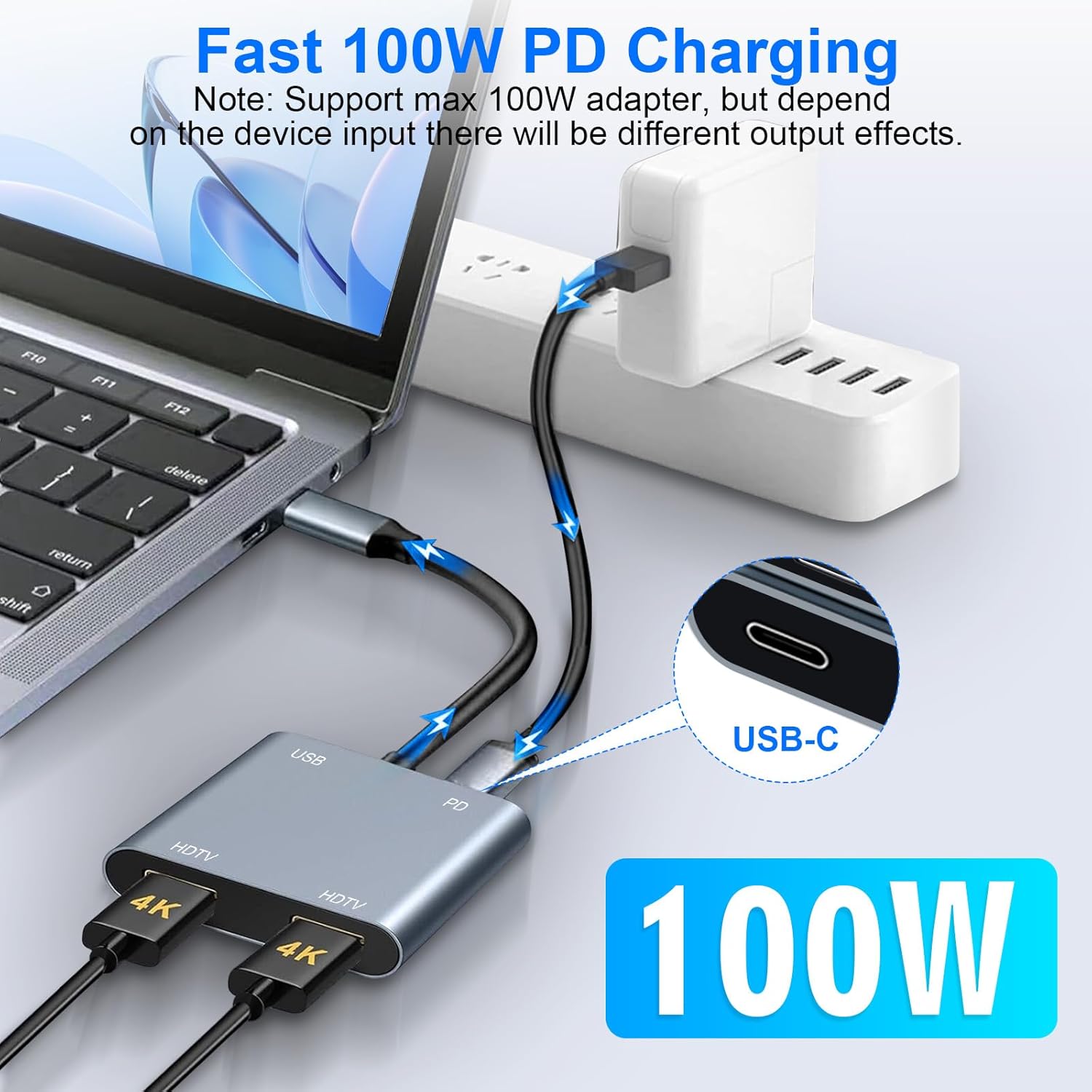 USB C to Dual HDMI Adapter, 4 in 1 HDMI Splitter for Dual Monitors 4K, USB 2.0, PD 100W, Type C to Dual Monitors Adapter Multiport, USB C Hub 4K@60Hz for MacBook Pro/Air/iPad/Surface/Dell - Image 4