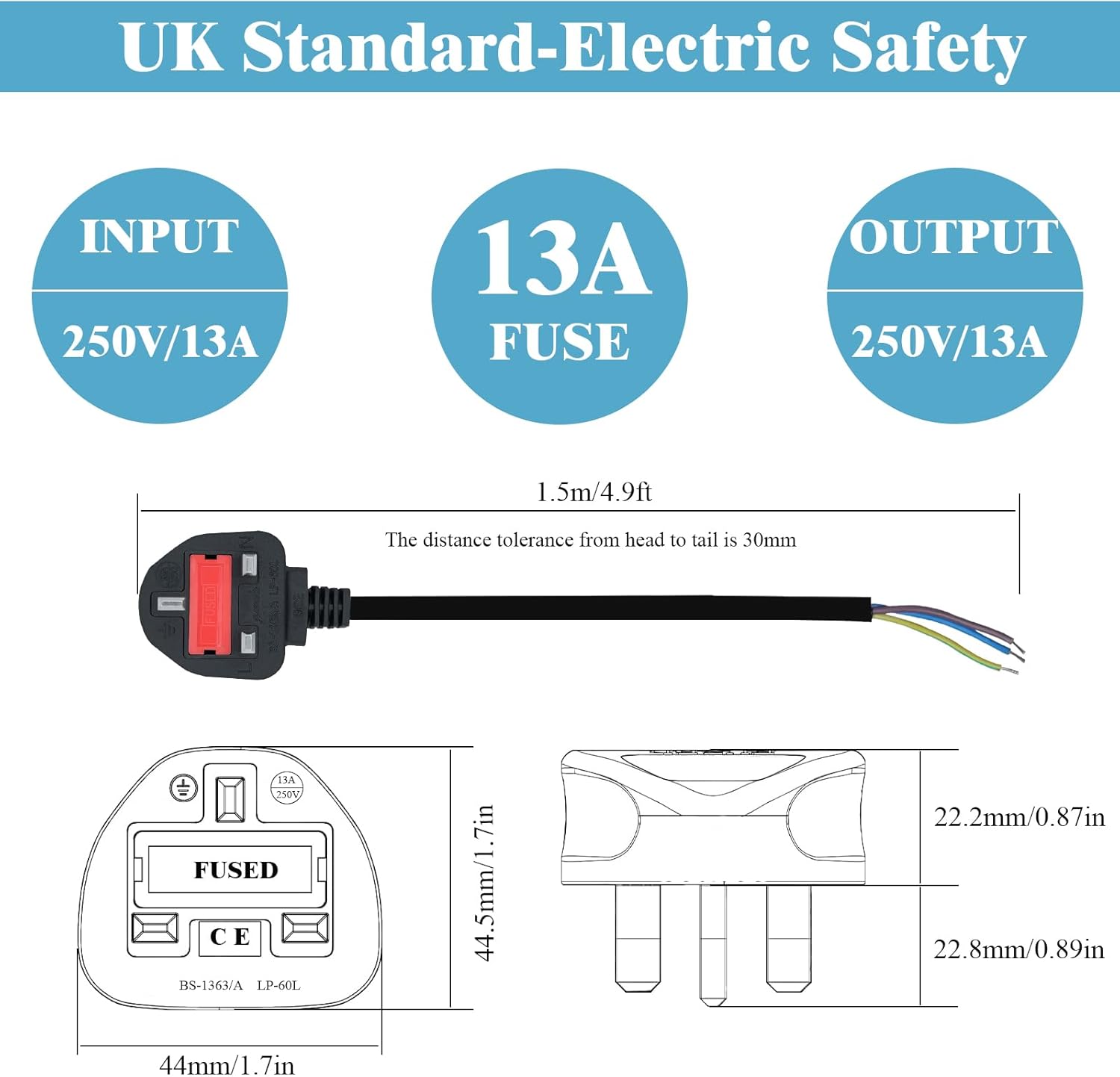 13 Amp Plug UK, Universal 3 Core Electrical Cable with 13A Fused, Compliant with BS-1363 Standard, 1.5 Metre (4.9ft) UK Plug Power Cord Compatible with Various Electrical Equipment, Black - Image 3
