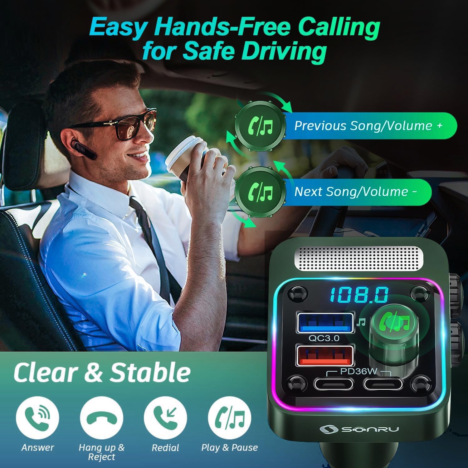 SONRU Bluetooth 5.3 Car FM Transmitter【PD 36W+QC3.0 18W】【Bass Music Player】Wireless Car Radio Adapter Hands-Free Calling Support 64G U Disk Card with 5 Colors LED Backlit Switch - Image 4