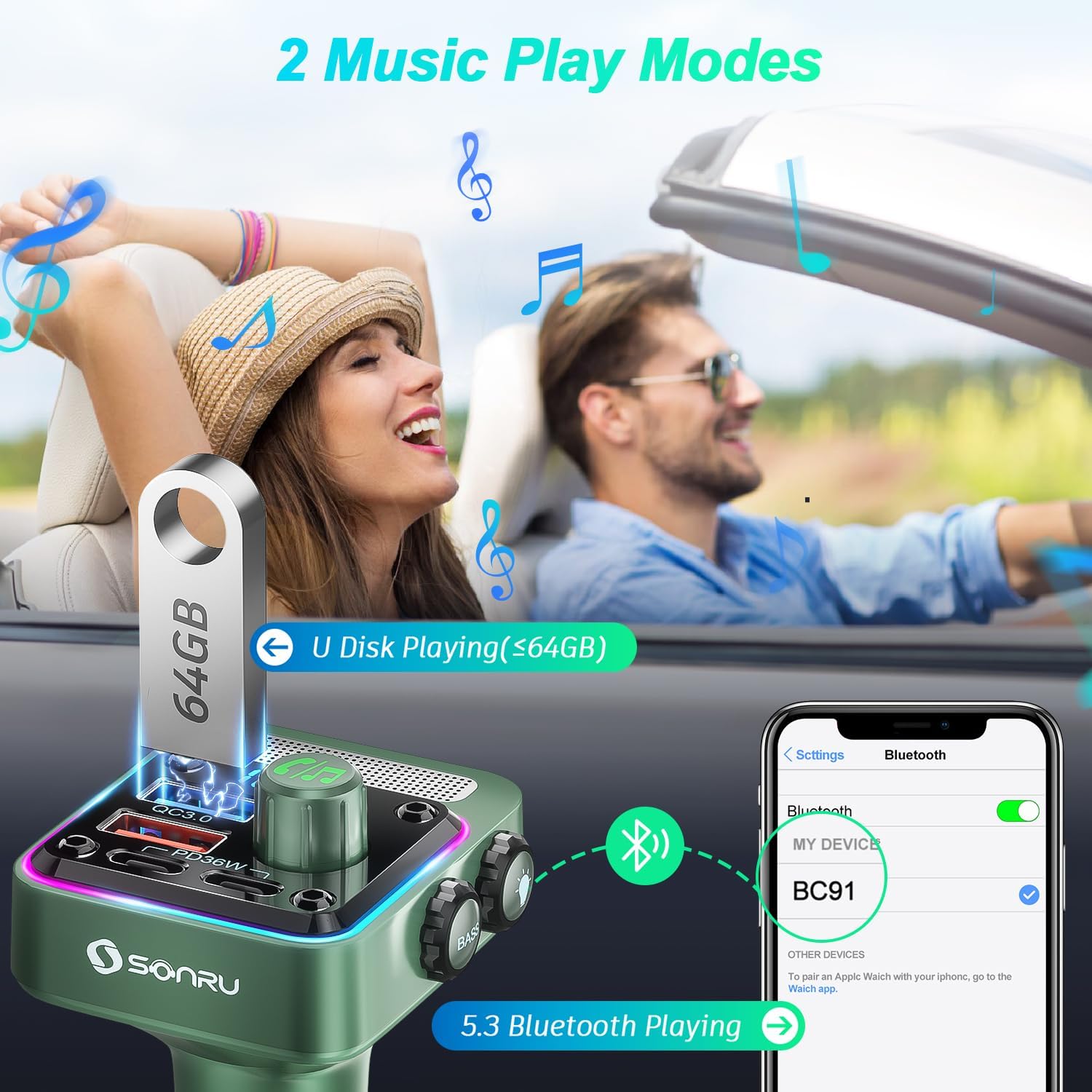 SONRU Bluetooth 5.3 Car FM Transmitter【PD 36W+QC3.0 18W】【Bass Music Player】Wireless Car Radio Adapter Hands-Free Calling Support 64G U Disk Card with 5 Colors LED Backlit Switch - Image 6