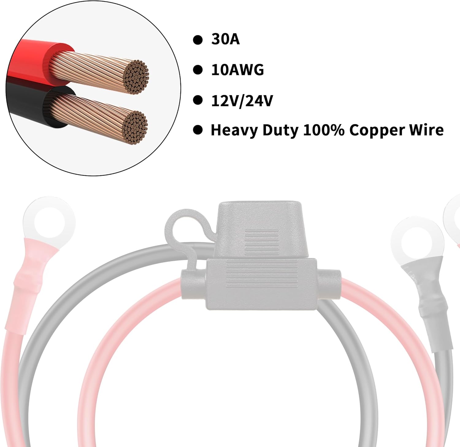 O Ring Eyelet Terminal Battery Boost Cable YACSEJAO 10AWG 0.32"/8.4mm O Ring Terminal Heavy Duty Boost Cord with 30A Fuse (3FT) - Image 4