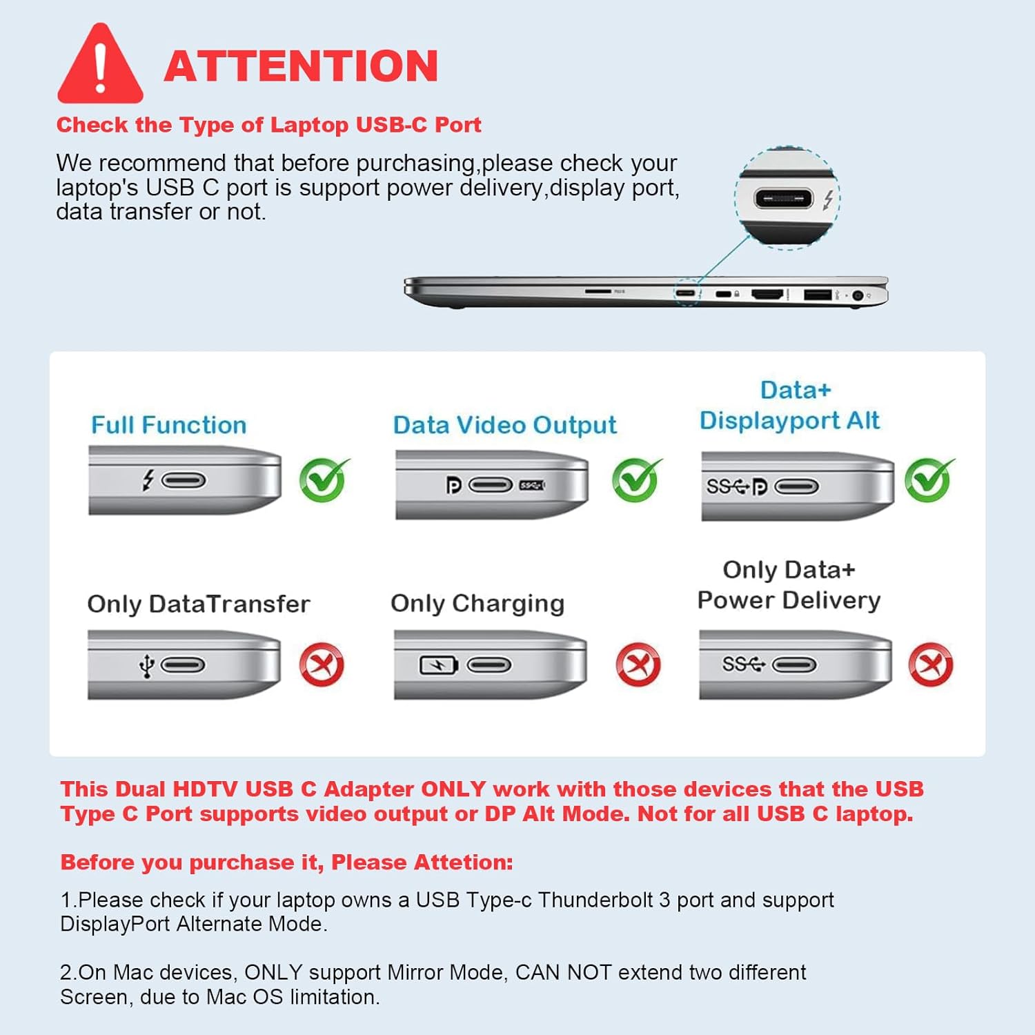 USB C to Dual HDMI Adapter, 4 in 1 HDMI Splitter for Dual Monitors 4K, USB 2.0, PD 100W, Type C to Dual Monitors Adapter Multiport, USB C Hub 4K@60Hz for MacBook Pro/Air/iPad/Surface/Dell - Image 6