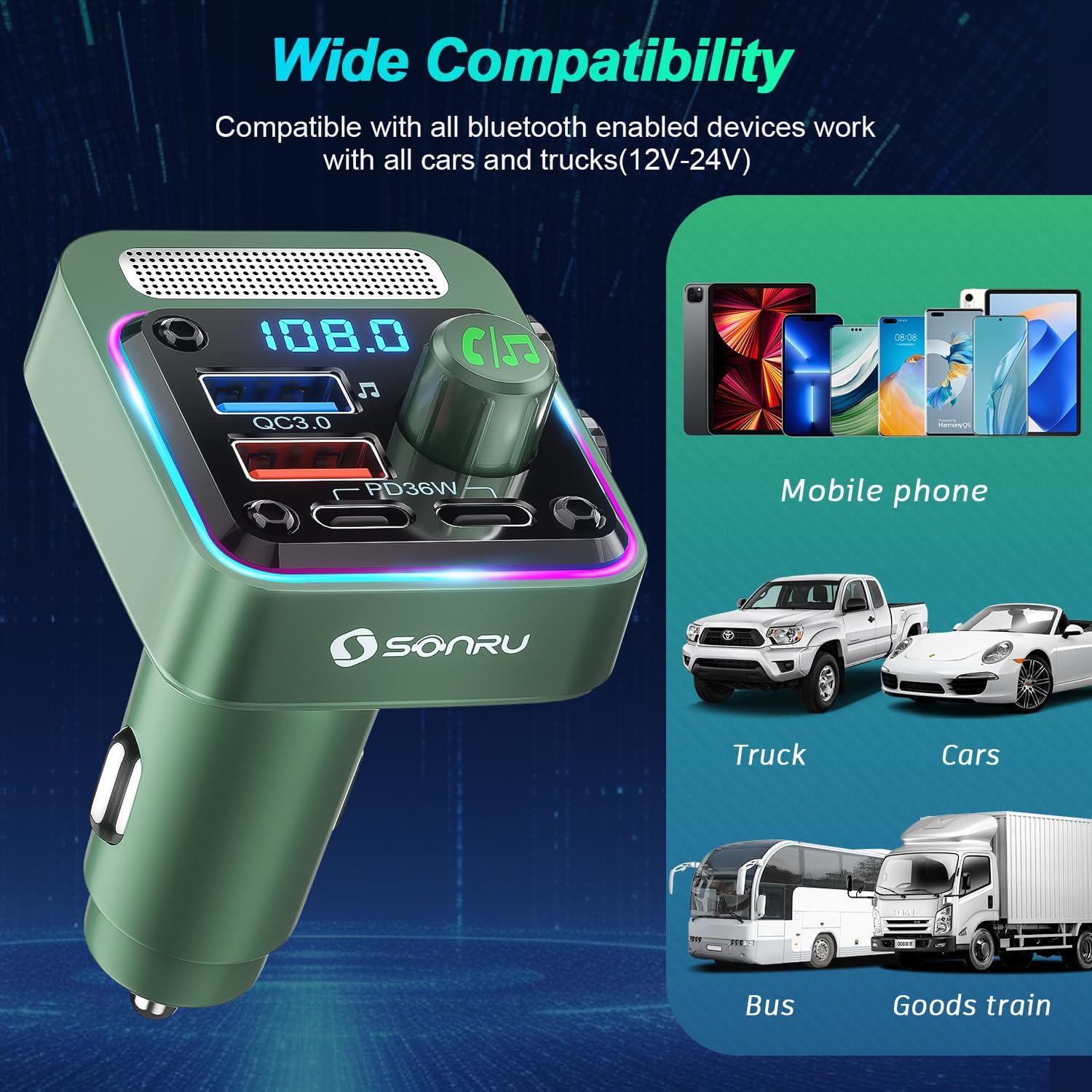 SONRU Bluetooth 5.3 Car FM Transmitter【PD 36W+QC3.0 18W】【Bass Music Player】Wireless Car Radio Adapter Hands-Free Calling Support 64G U Disk Card with 5 Colors LED Backlit Switch - Image 7