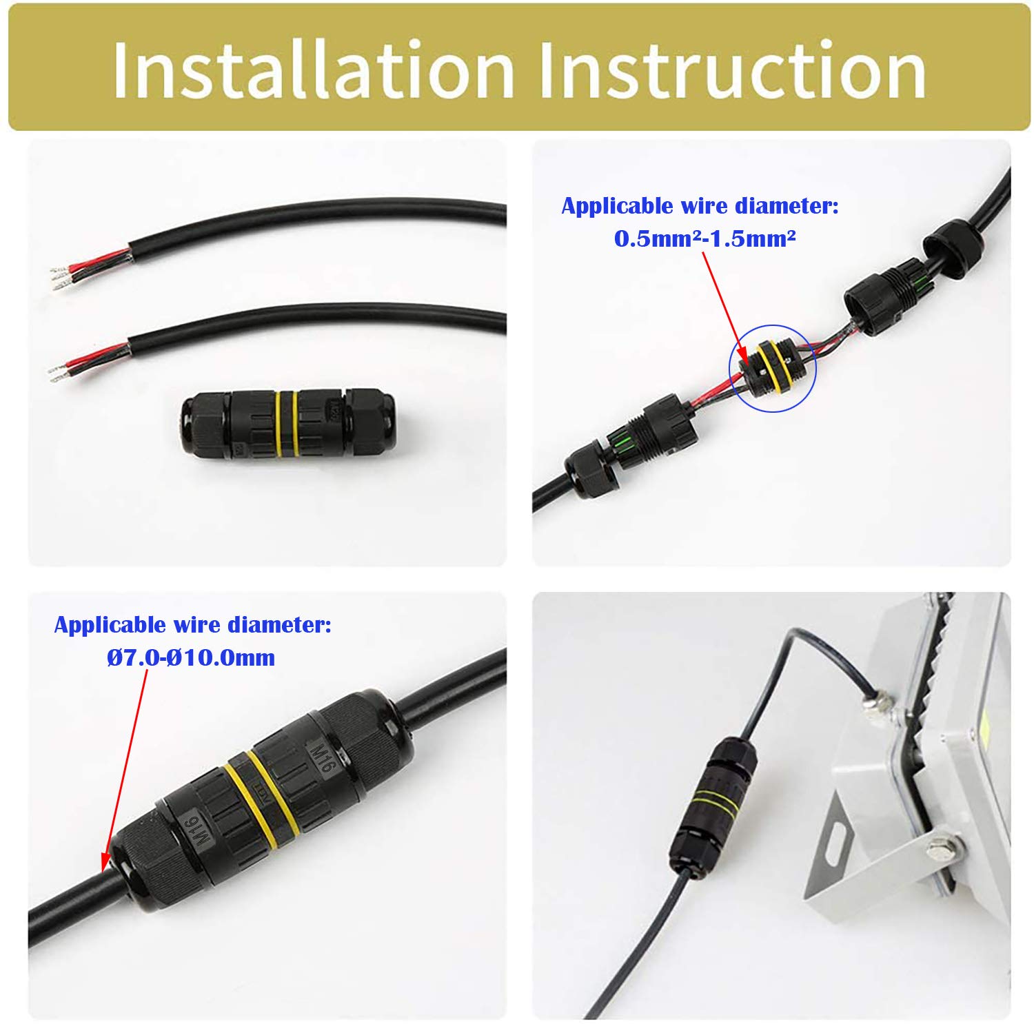 CTRICALVER 3 Pcs IP68 Waterproof Junction Box | M16 Outdoor Cable Connector Weatherproof Electrical Connector External Sleeve Coupler, A.W.G: 20-15, for 2 PIN/3 PIN Docking Cables - Image 2
