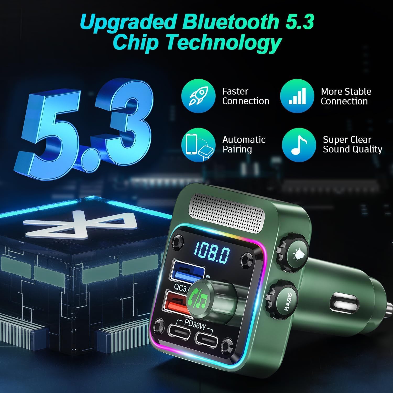 SONRU Bluetooth 5.3 Car FM Transmitter【PD 36W+QC3.0 18W】【Bass Music Player】Wireless Car Radio Adapter Hands-Free Calling Support 64G U Disk Card with 5 Colors LED Backlit Switch - Image 3