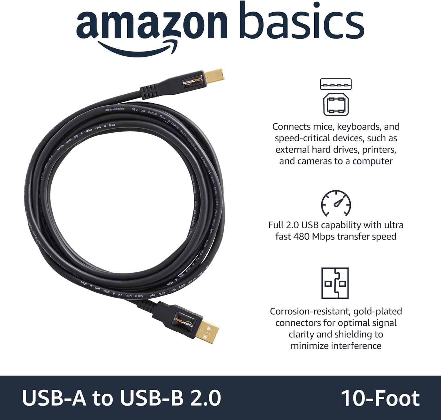Amazon Basics USB-A to USB-B 2.0 Cable for Printer or External Hard Drive, Gold-Plated Connectors, 3 m, Black - Image 2