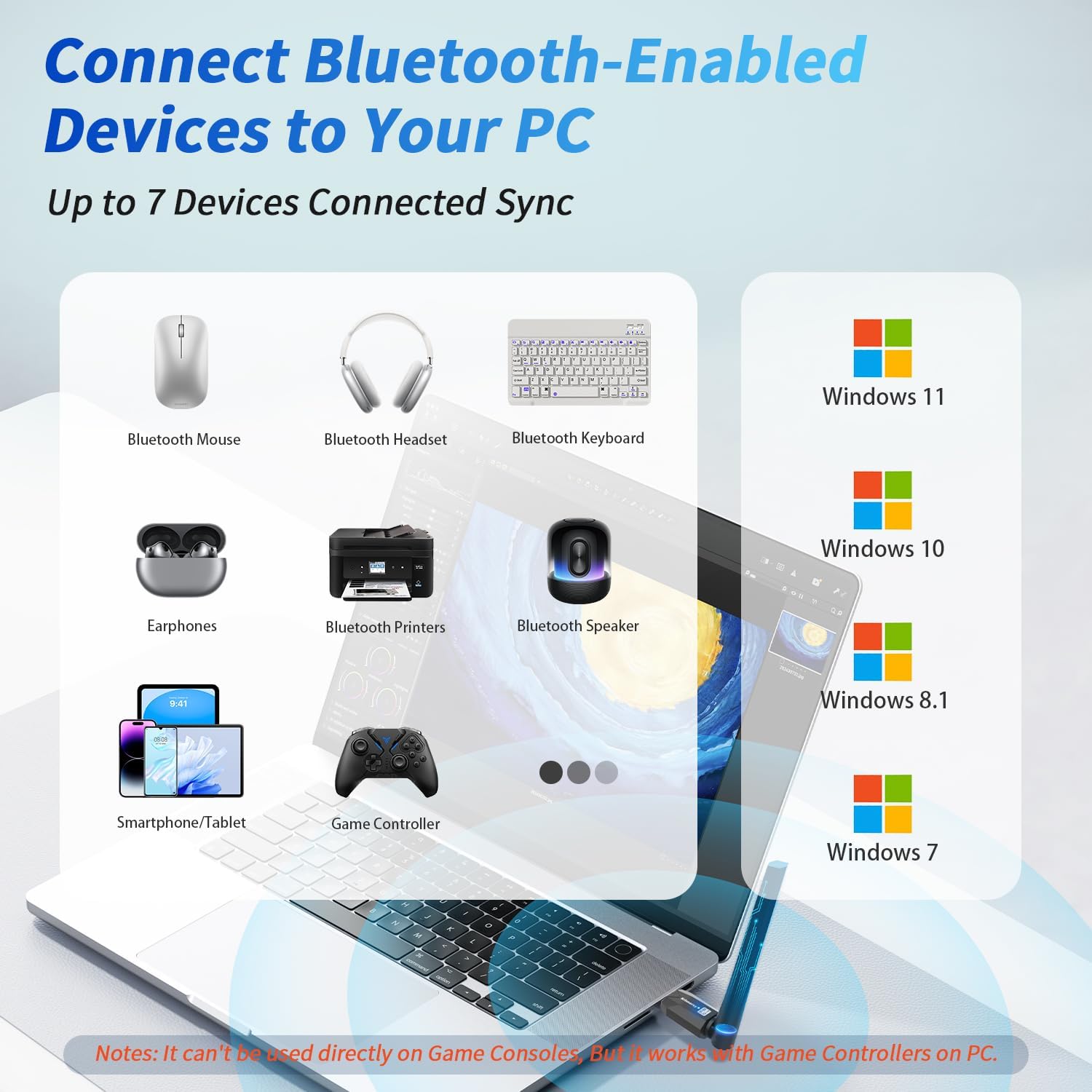 Long Range Bluetooth 6.0 Adapter for PC, Built-in PA for 5dBi High-Gain Wireless USB Dongle for Windows 11/10/8.1 Laptop Desktop, Plug & Pair w/Bluetooth Headphones Speaker Keyboard Mouse - Image 3