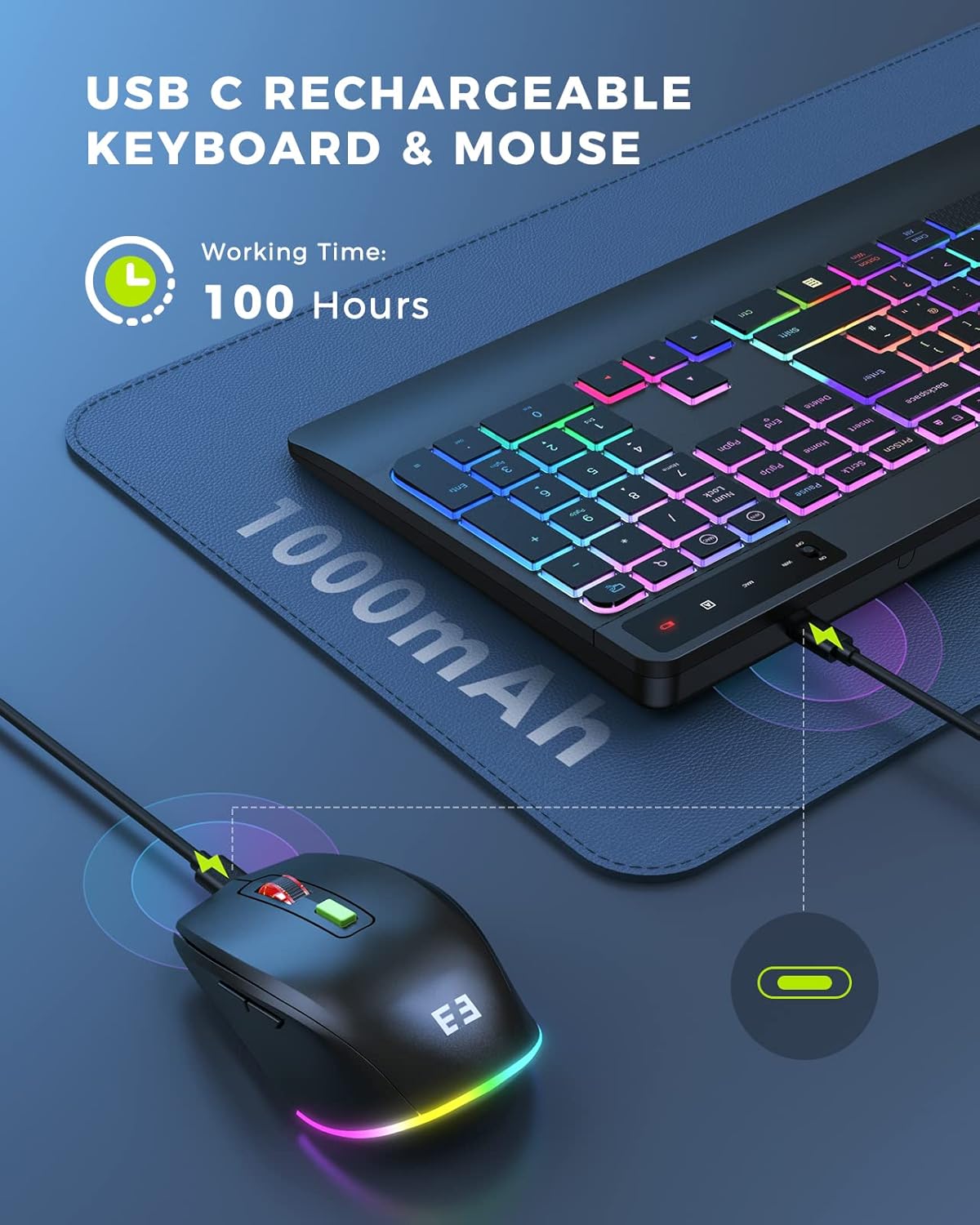 seenda JPX006 Wireless Keyboard and Mouse Combo with Rainbow Backlit, Rechargeable Keyboard and Mice Set UK Layout Full Size with 2 in 1 USB C & USB A Dongle and Wirst Rest, Black - Image 6