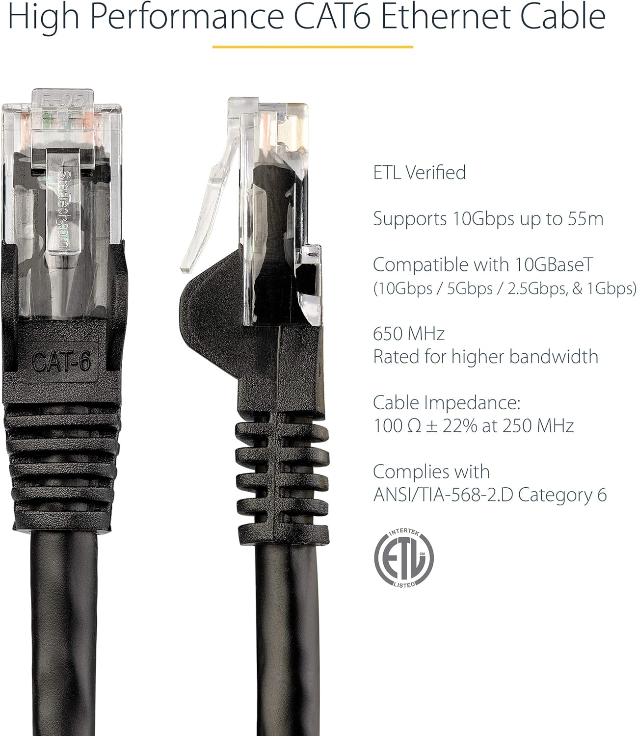 StarTech.com 2m CAT6 Ethernet Cable - Black CAT 6 Gigabit Ethernet Wire -650MHz 100W PoE++ RJ45 UTP Category 6 Network/Patch Cord Snagless w/Strain Relief Fluke Tested UL/TIA Certified (N6PATC2MBK) - Image 2