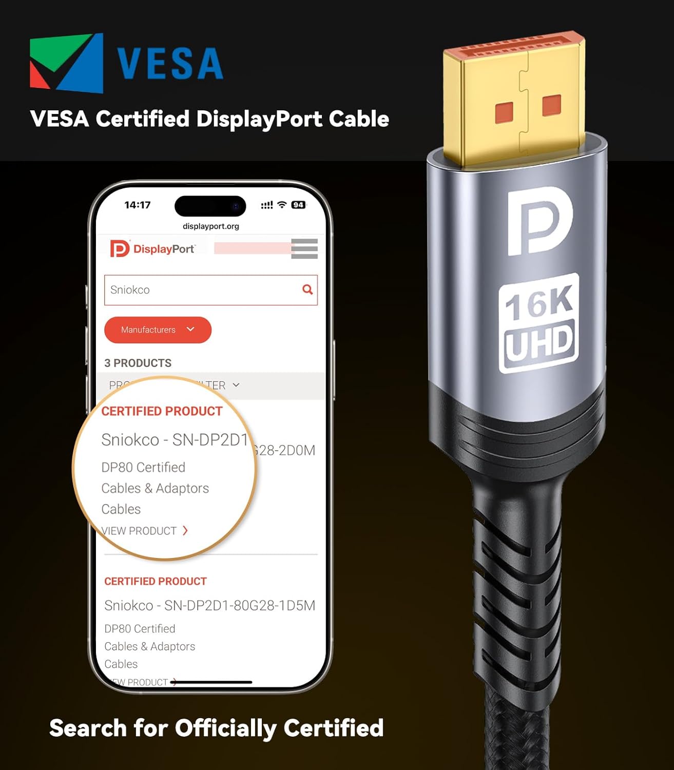 Sniokco 80gbps Displayport Cable