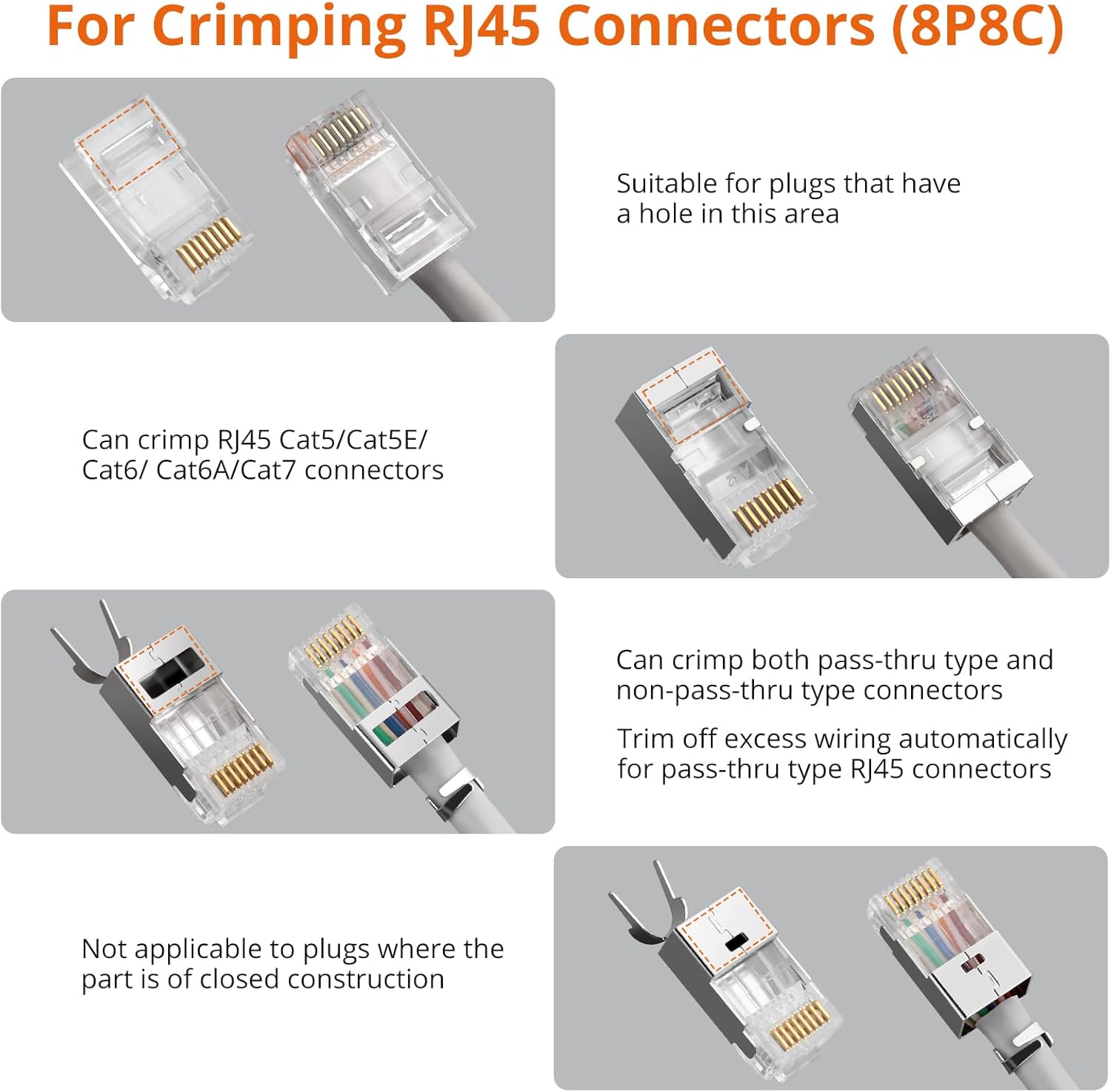 Proster RJ45 Crimp Tool Kit - Pass Through RJ45 Crimper for Cat6 Cat6a Cat5 Cat5e with 50 PCS CAT6 Pass Through Connectors 50 PCS Cat6 Protection Covers Stripper Ethernet RJ45 Crimping Tool - Yellow - Image 4