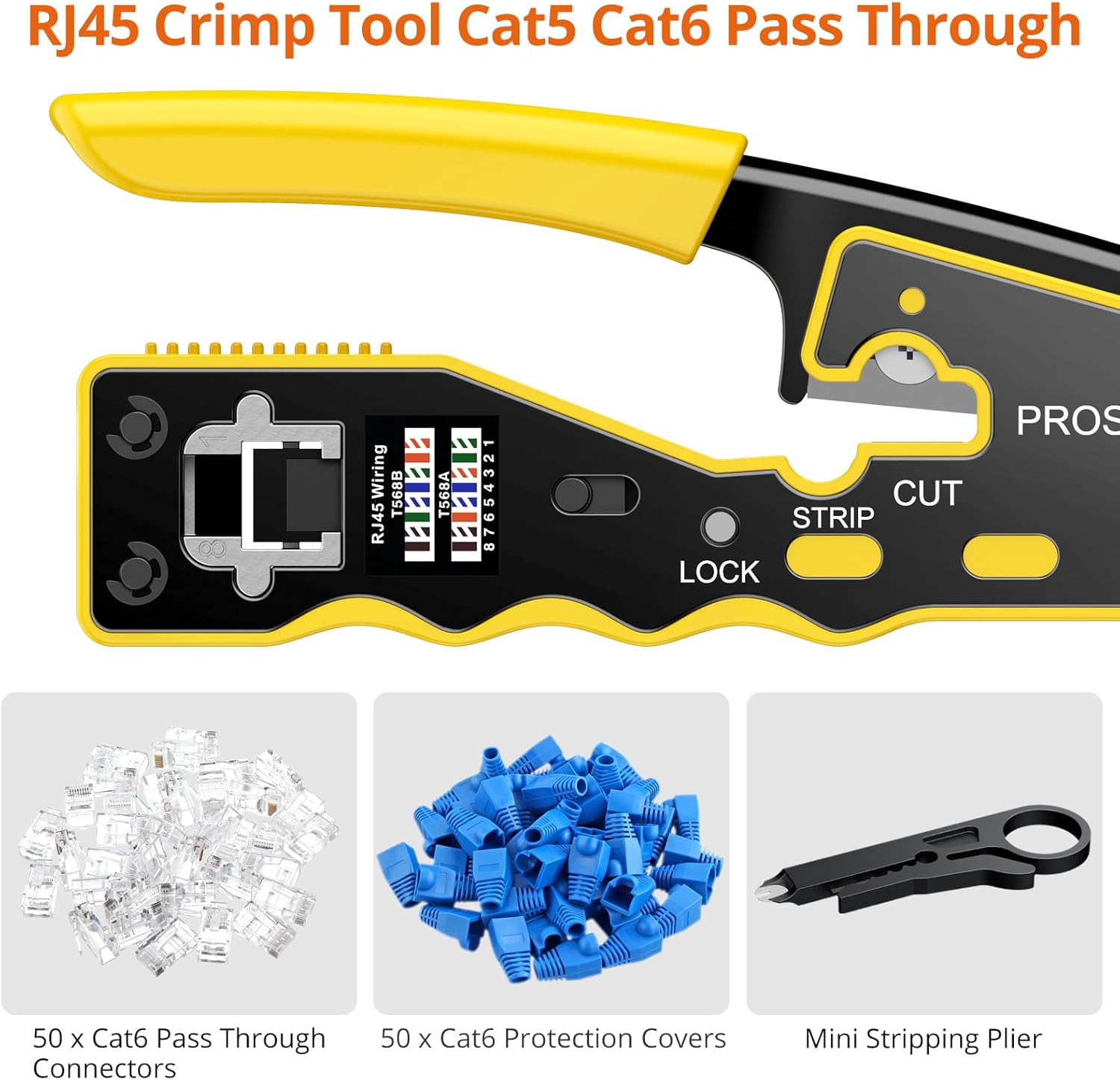 Proster RJ45 Crimp Tool Kit - Pass Through RJ45 Crimper for Cat6 Cat6a Cat5 Cat5e with 50 PCS CAT6 Pass Through Connectors 50 PCS Cat6 Protection Covers Stripper Ethernet RJ45 Crimping Tool - Yellow - Image 6