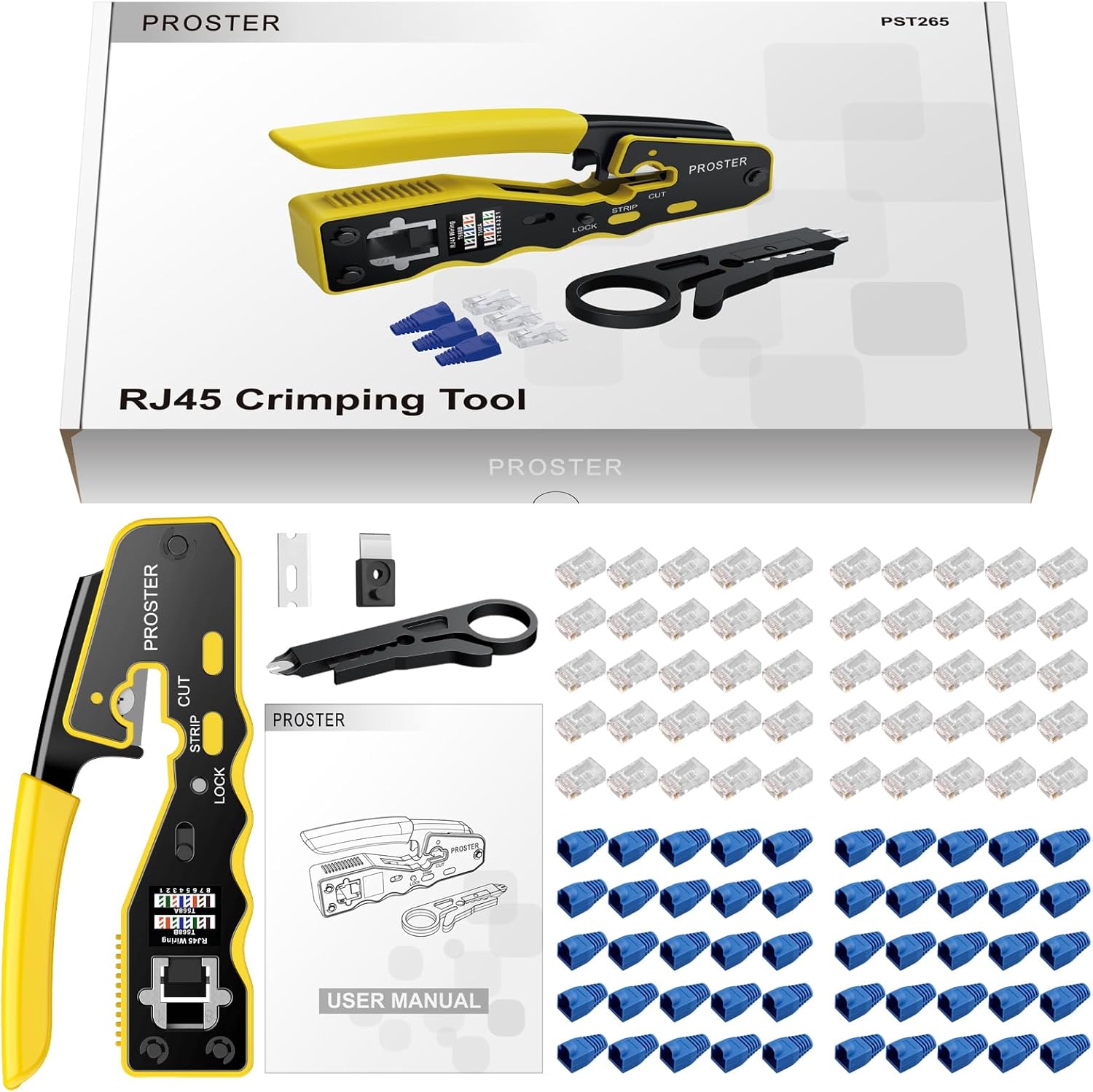 Proster RJ45 Crimp Tool Kit - Pass Through RJ45 Crimper for Cat6 Cat6a Cat5 Cat5e with 50 PCS CAT6 Pass Through Connectors 50 PCS Cat6 Protection Covers Stripper Ethernet RJ45 Crimping Tool - Yellow - Image 9