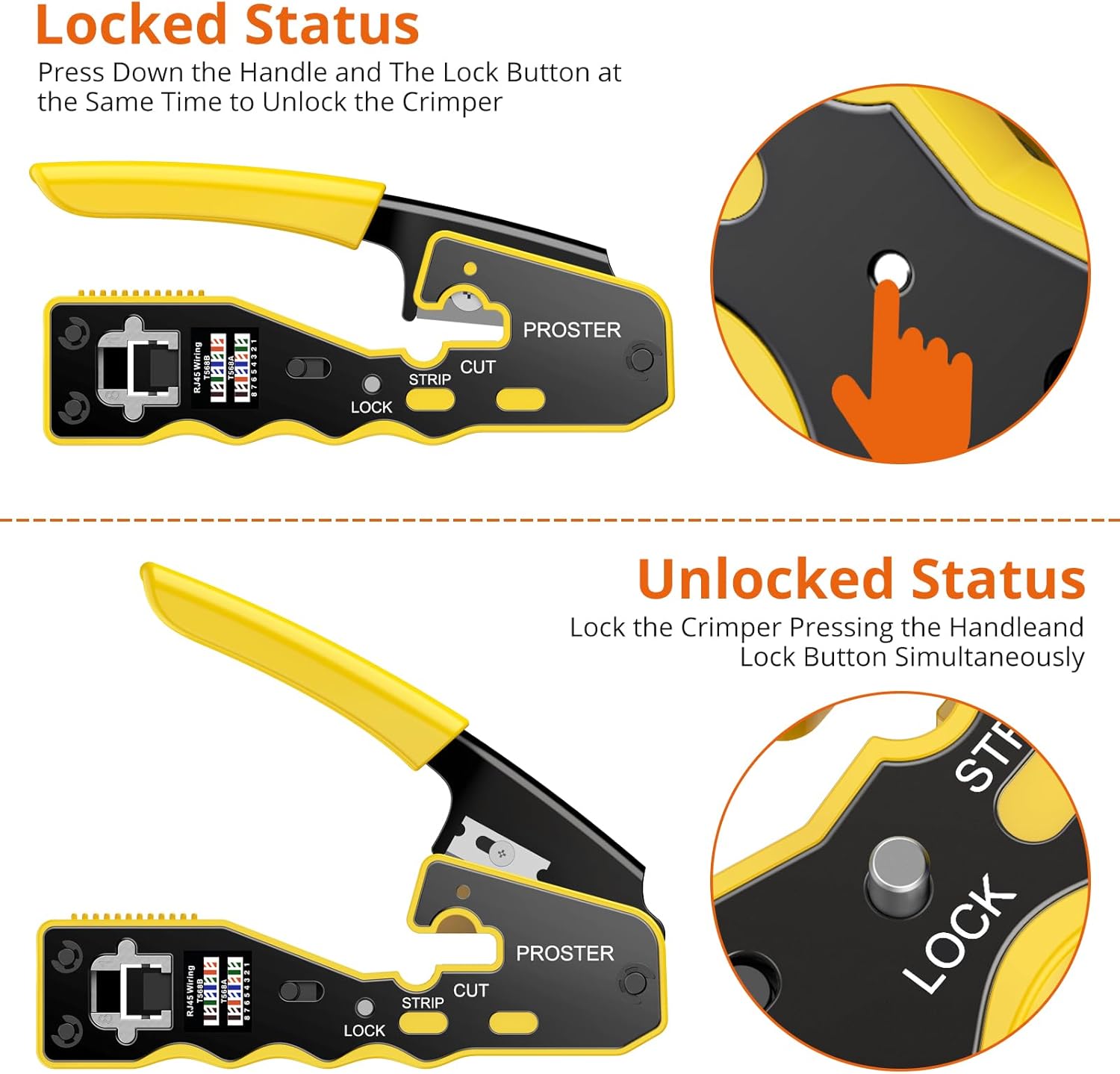 Proster RJ45 Crimp Tool Kit - Pass Through RJ45 Crimper for Cat6 Cat6a Cat5 Cat5e with 50 PCS CAT6 Pass Through Connectors 50 PCS Cat6 Protection Covers Stripper Ethernet RJ45 Crimping Tool - Yellow - Image 3