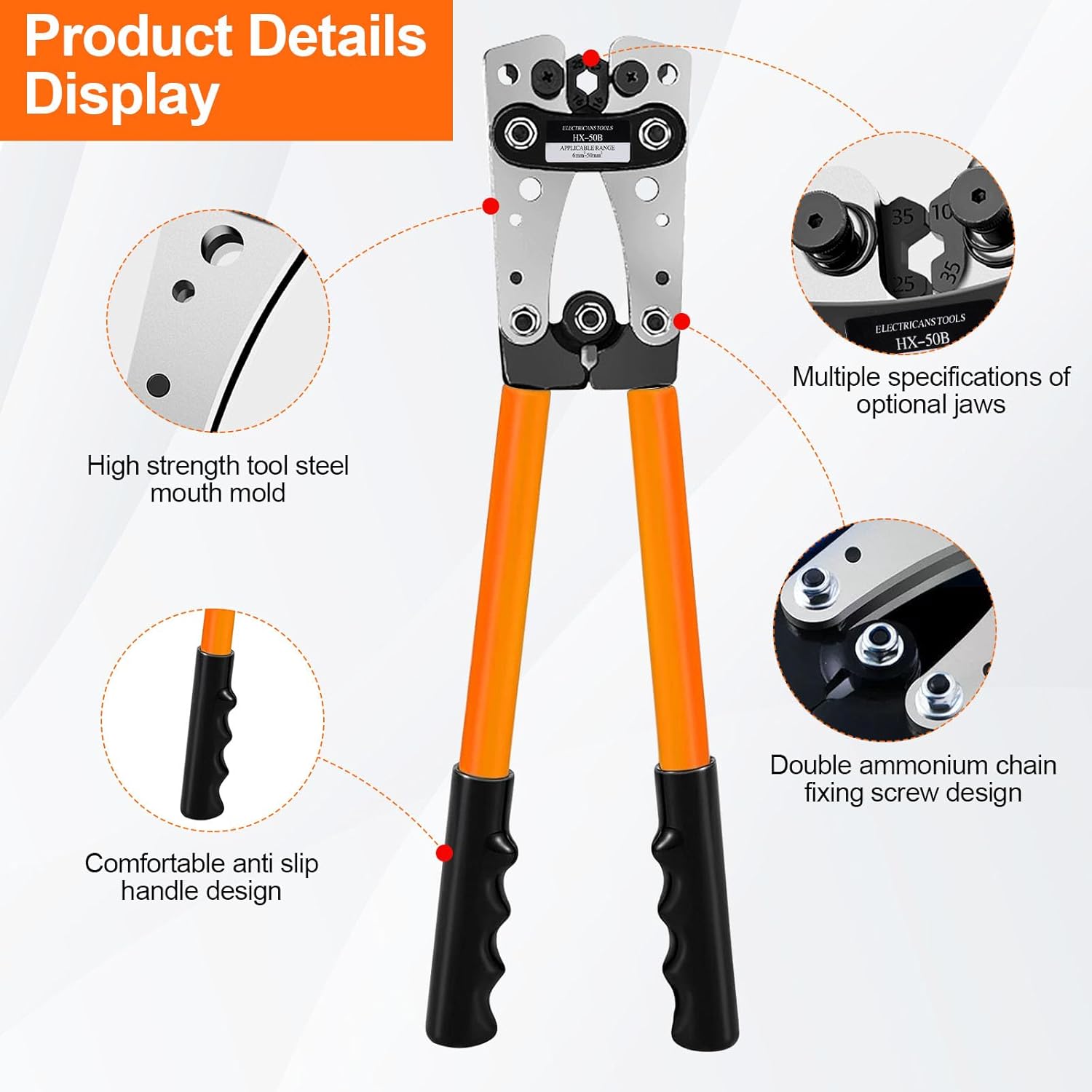 Polegas HX-50B Battery Cable Crimping Tool Kit for 6/10/16/25/35/50 mm², Wire Crimping Tool with 60 PCS Copper Ring Terminals, Battery Cable Lug Crimper for Electrical Lug Crimper, Copper Lugs - Image 4