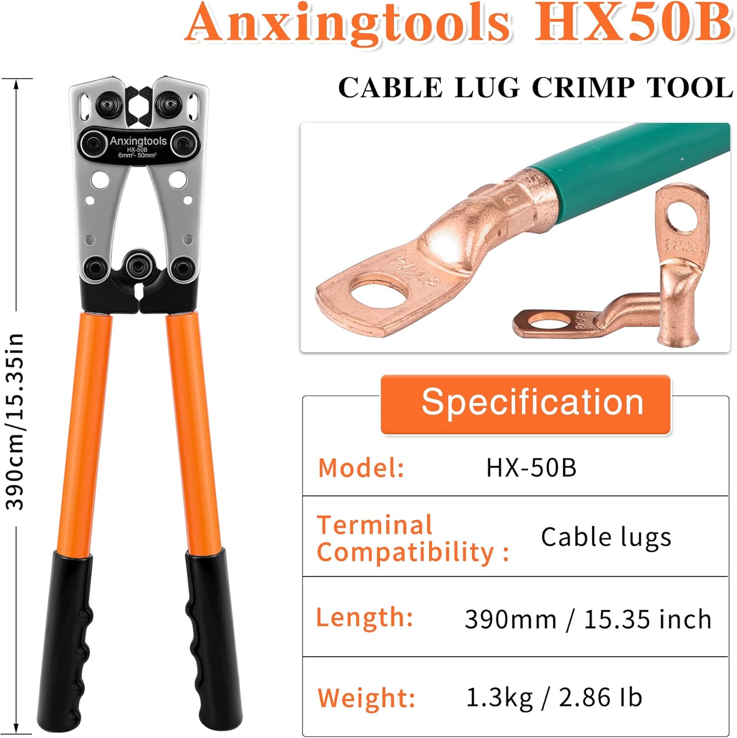 Battery Cable Crimping Tool for 6/10/16/25/35/50 mm² Battery Copper Ring Terminals,Copper Lugs, Heavy Duty Crimper for Wire Lugs (HX50B Crimper+60Terminals) - Image 2