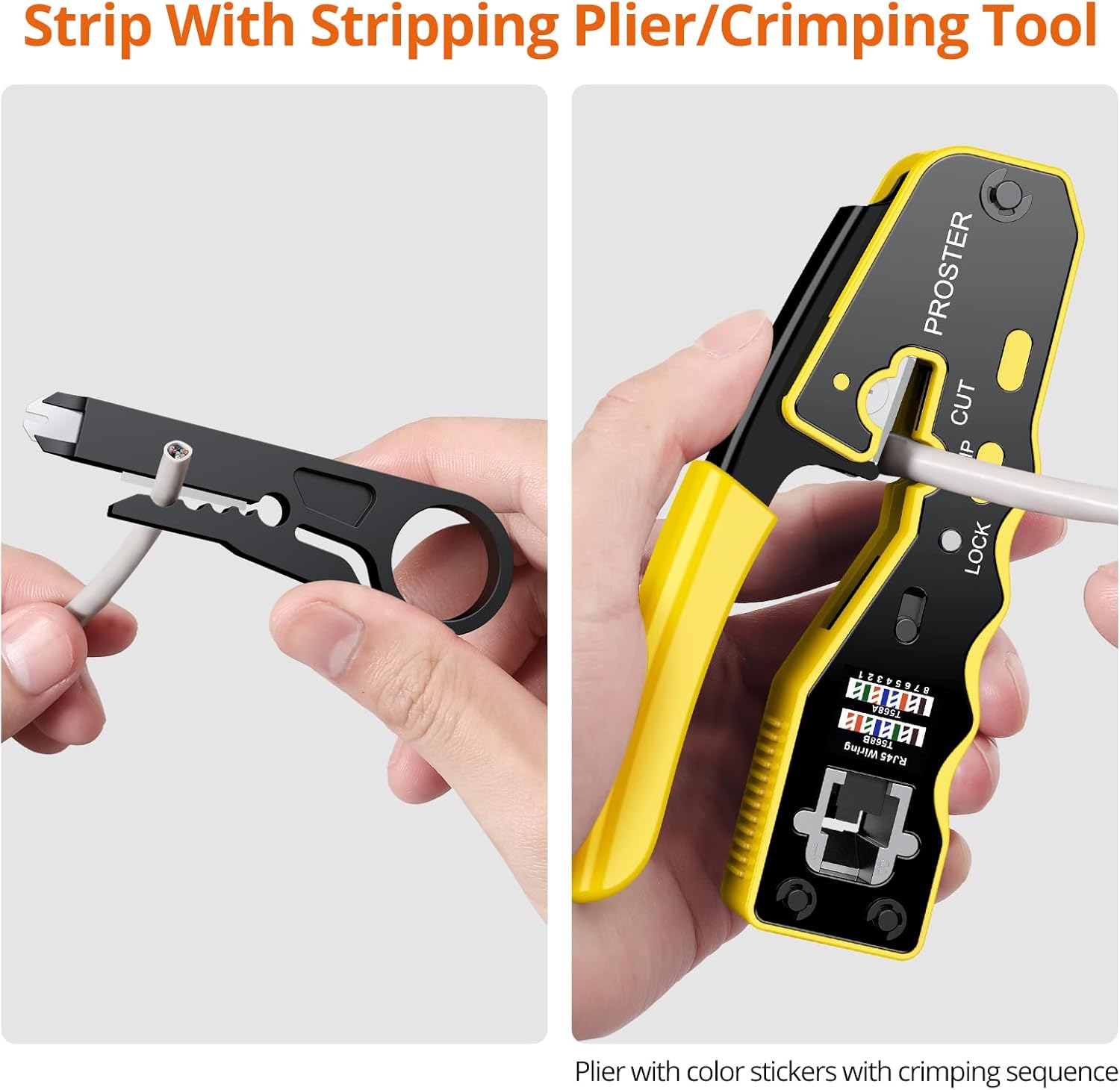Proster RJ45 Crimp Tool Kit - Pass Through RJ45 Crimper for Cat6 Cat6a Cat5 Cat5e with 50 PCS CAT6 Pass Through Connectors 50 PCS Cat6 Protection Covers Stripper Ethernet RJ45 Crimping Tool - Yellow - Image 8