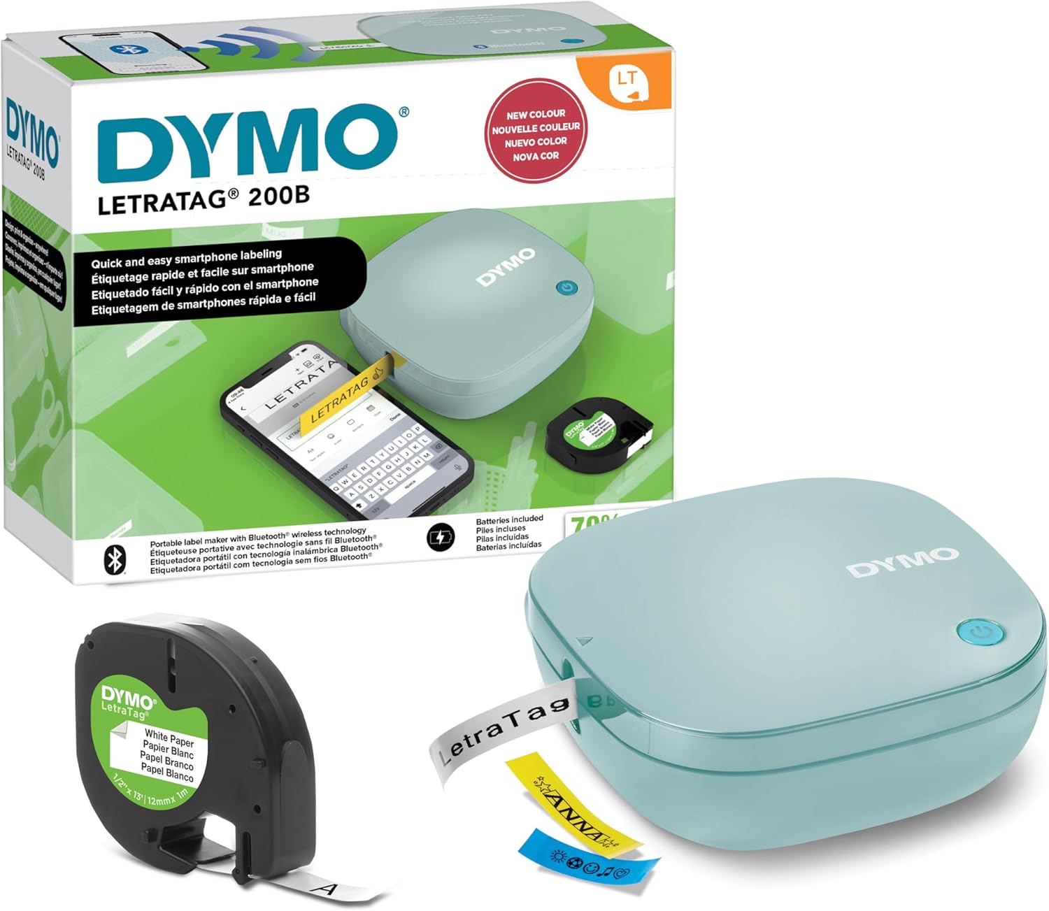 Dymo LetraTag 200B Bluetooth Label Maker | Compact Label Printer | Connects Through Bluetooth Wireless Technology to iOS and Android | Includes 1 White Paper Label Tape | Daydream Blue