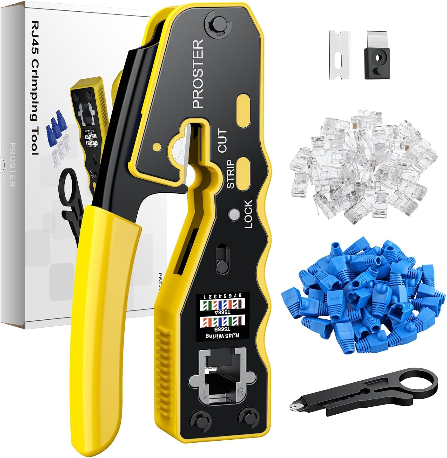 Proster RJ45 Crimp Tool Kit - Pass Through RJ45 Crimper for Cat6 Cat6a Cat5 Cat5e with 50 PCS CAT6 Pass Through Connectors 50 PCS Cat6 Protection Covers Stripper Ethernet RJ45 Crimping Tool - Yellow
