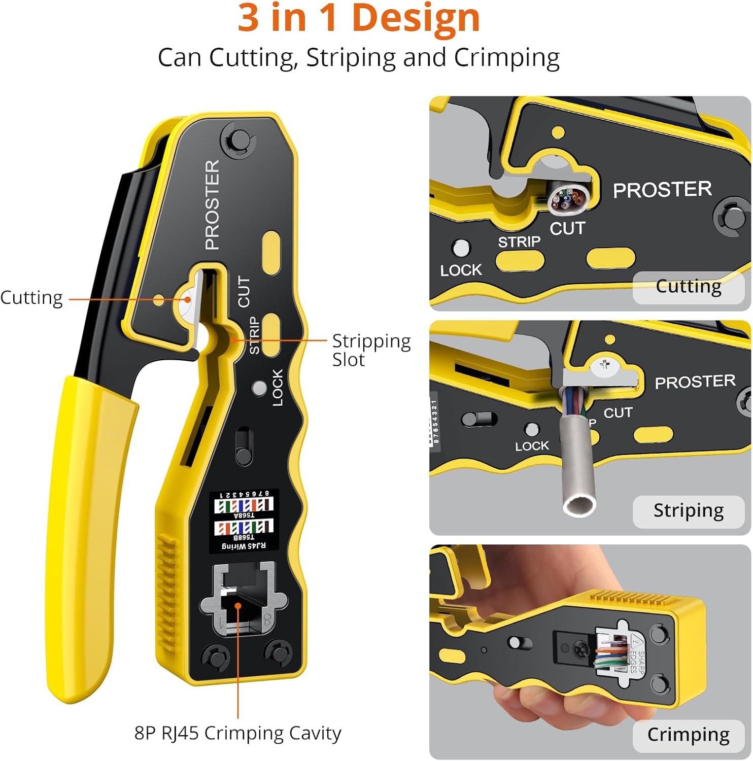 Proster RJ45 Crimp Tool Kit - Pass Through RJ45 Crimper for Cat6 Cat6a Cat5 Cat5e with 50 PCS CAT6 Pass Through Connectors 50 PCS Cat6 Protection Covers Stripper Ethernet RJ45 Crimping Tool - Yellow - Image 2