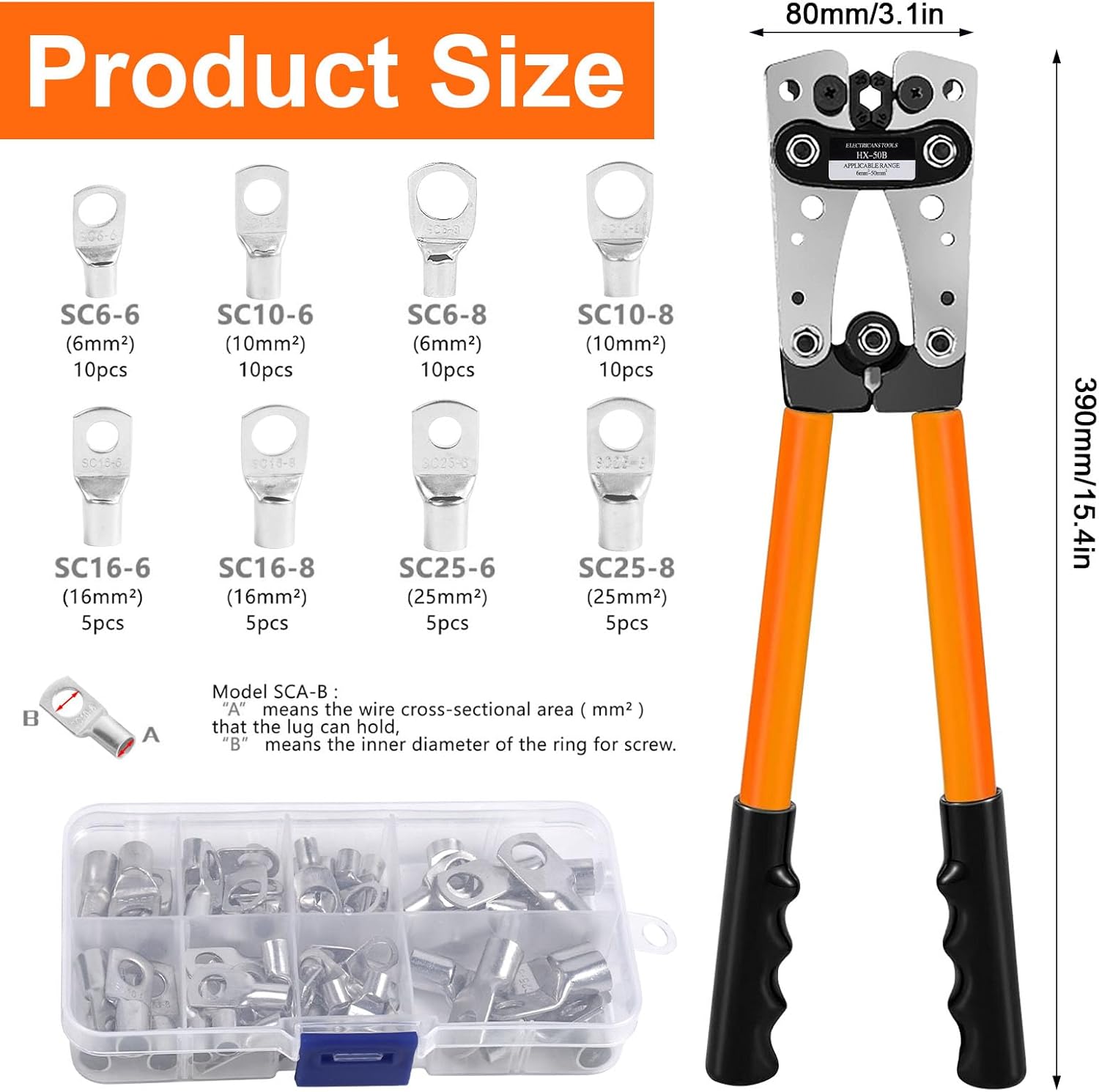 Polegas HX-50B Battery Cable Crimping Tool Kit for 6/10/16/25/35/50 mm², Wire Crimping Tool with 60 PCS Copper Ring Terminals, Battery Cable Lug Crimper for Electrical Lug Crimper, Copper Lugs - Image 2