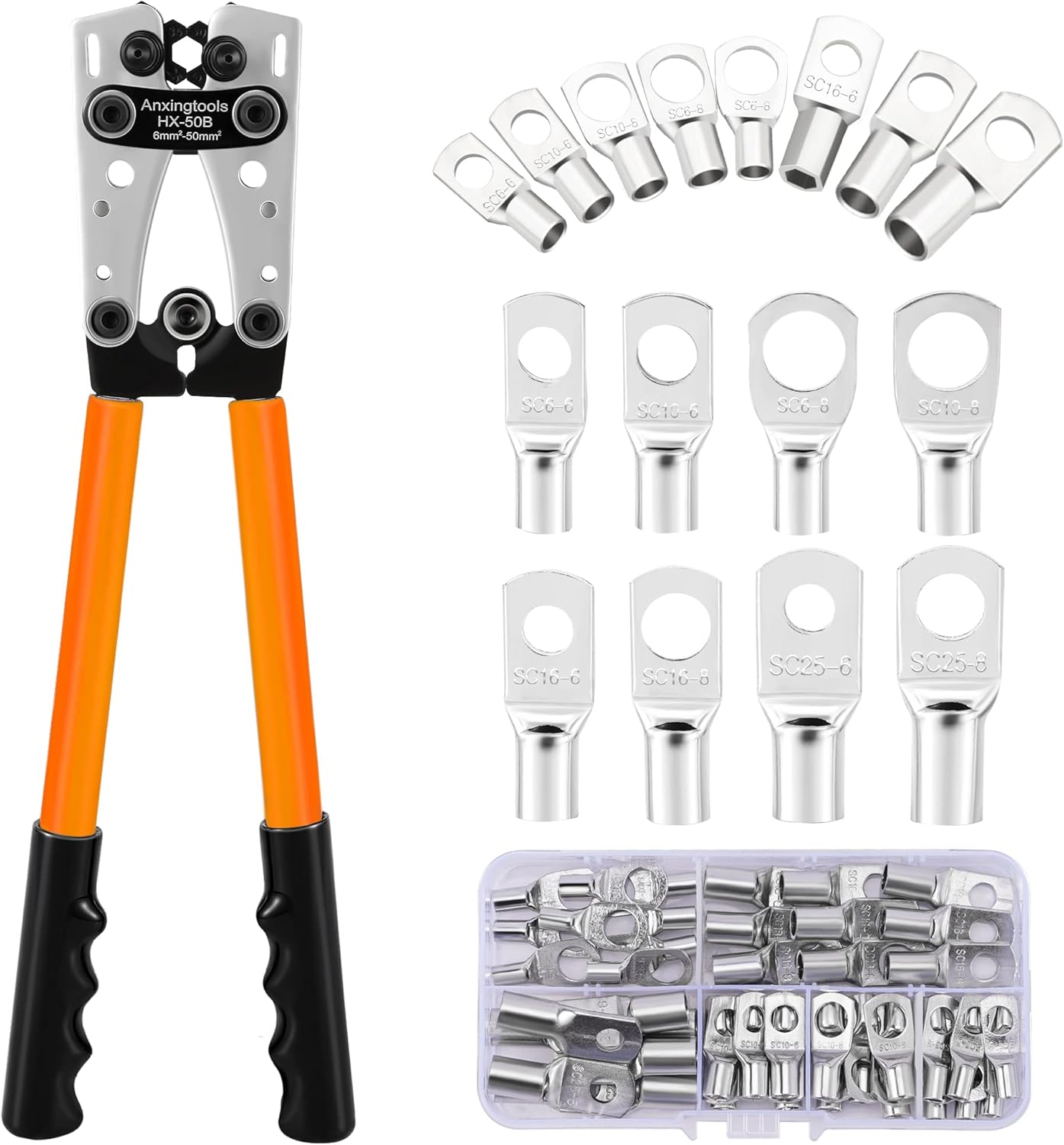 Battery Cable Crimping Tool for 6/10/16/25/35/50 mm² Battery Copper Ring Terminals,Copper Lugs, Heavy Duty Crimper for Wire Lugs (HX50B Crimper+60Terminals)