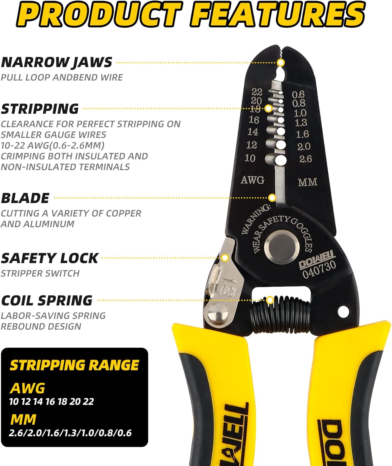 DOWELL 10-22 AWG Wire Stripper Cutter Wire Stripping Tool And Multi-Function Hand Tool,Professional Handle Design And Refined Craftsmanship. - Image 3